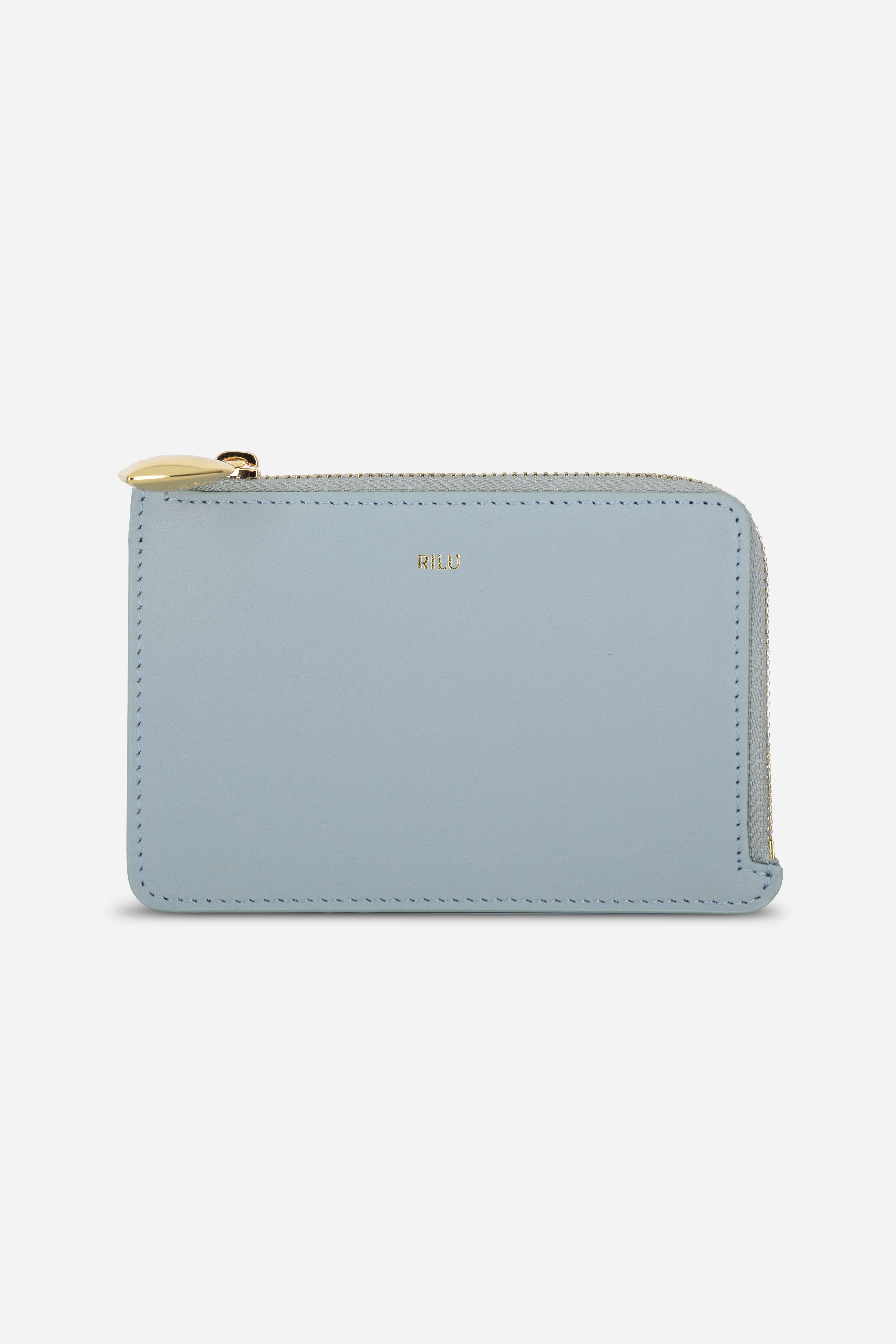 Rilu Nova baby blue zipped leather card holder pouch front view