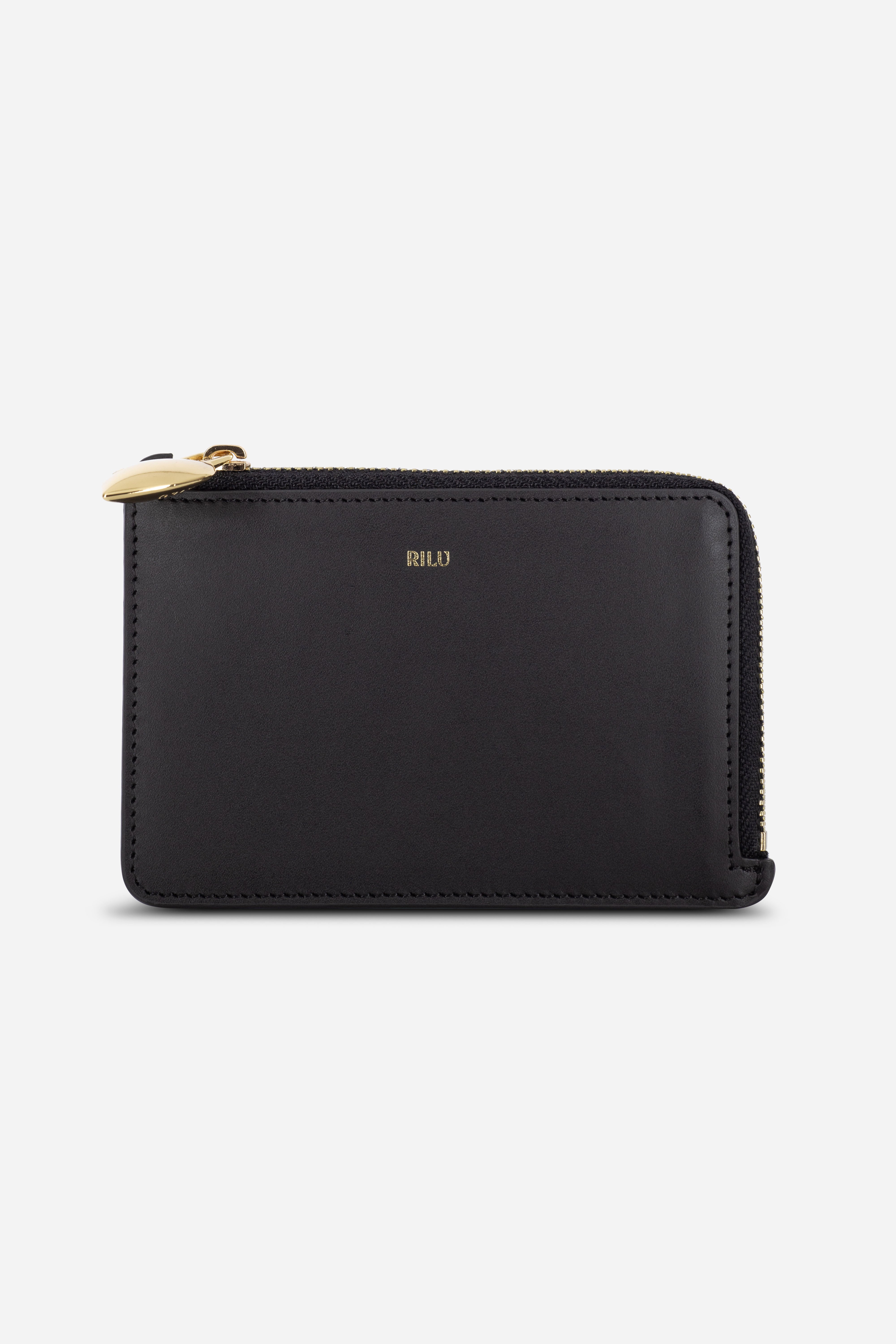 Rilu Nova black zipped leather card holder pouch front view