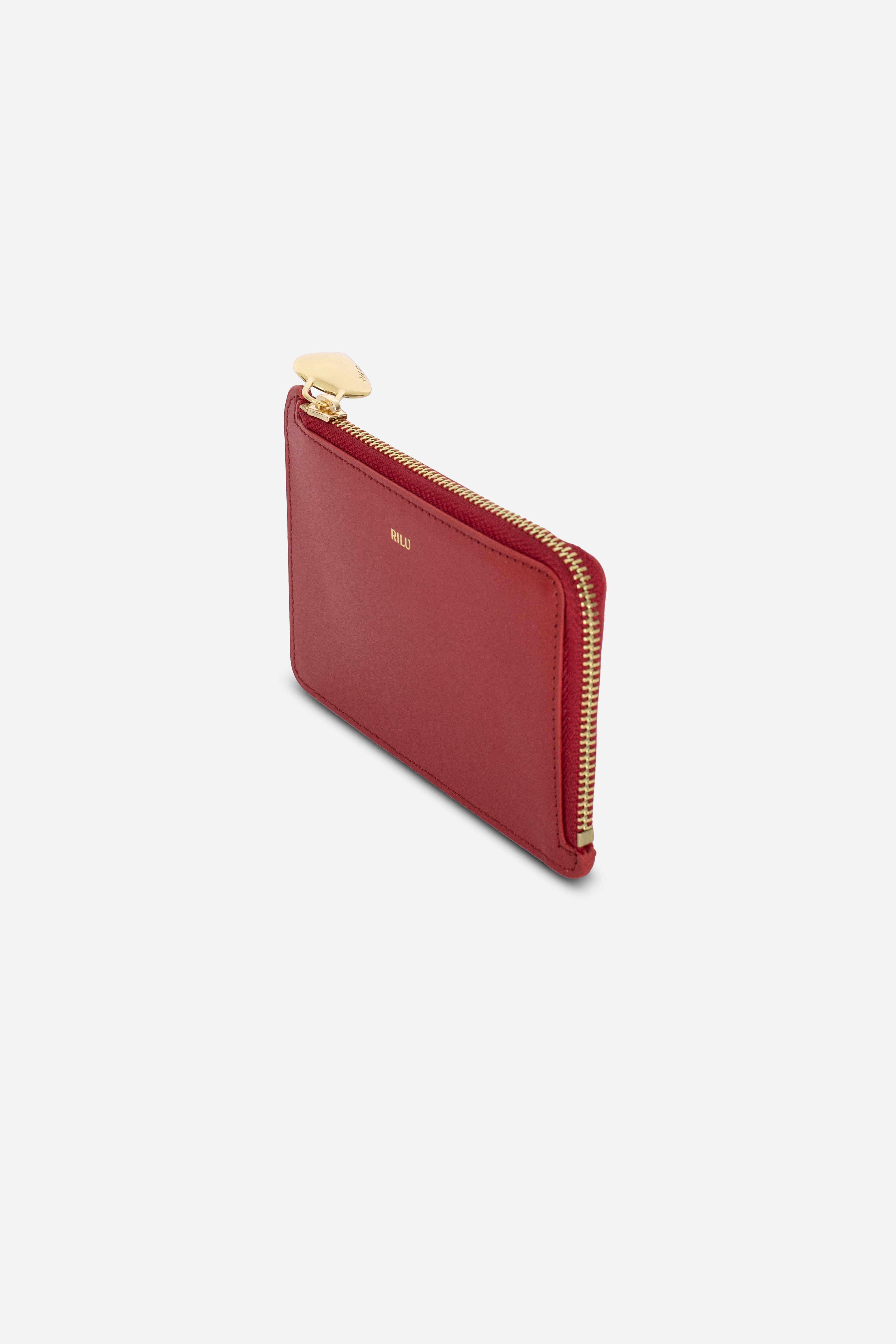 Rilu Nova cherry zipped leather card holder side view showing depth