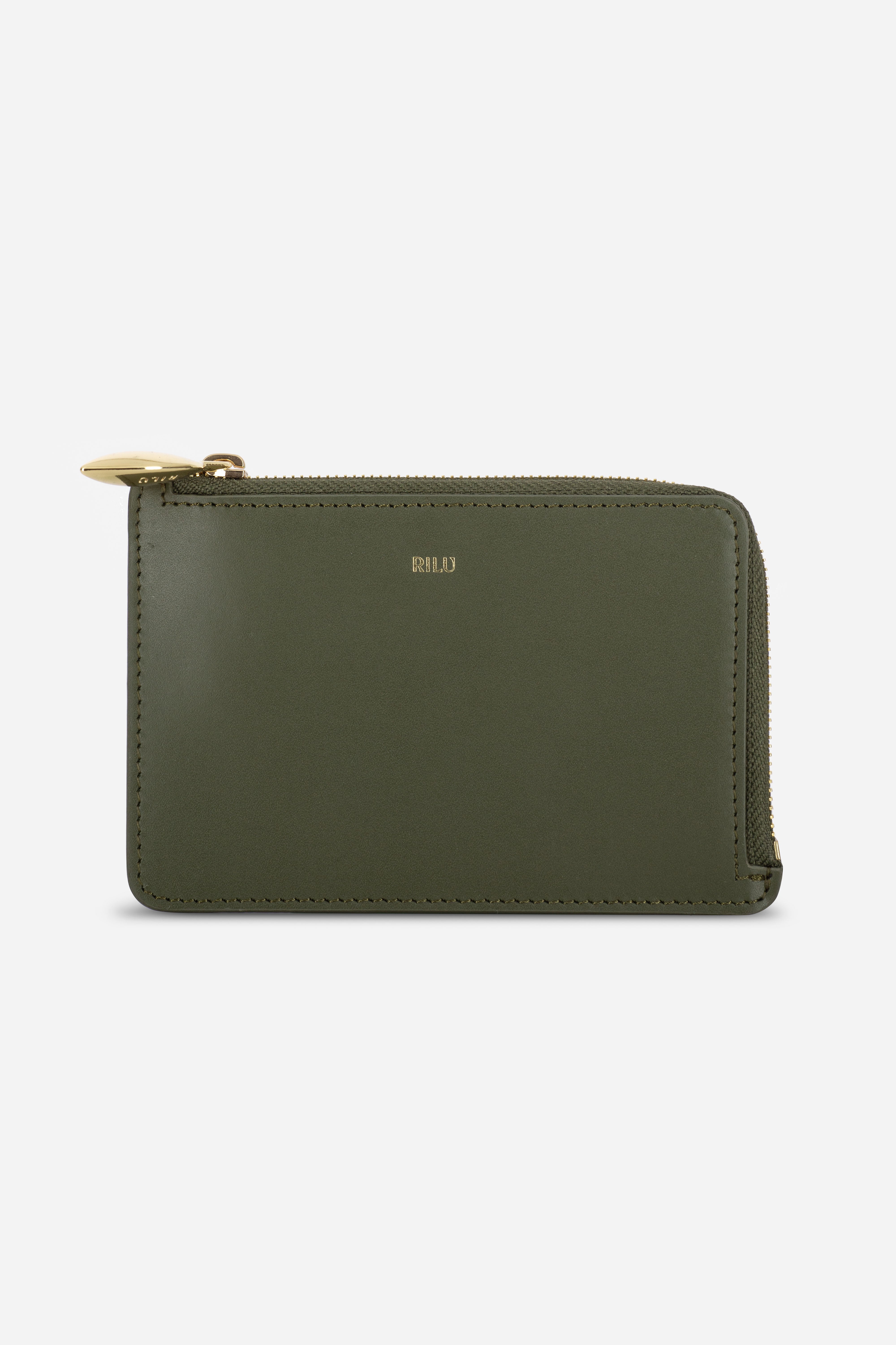 Rilu Nova olive zipped leather card holder pouch front view