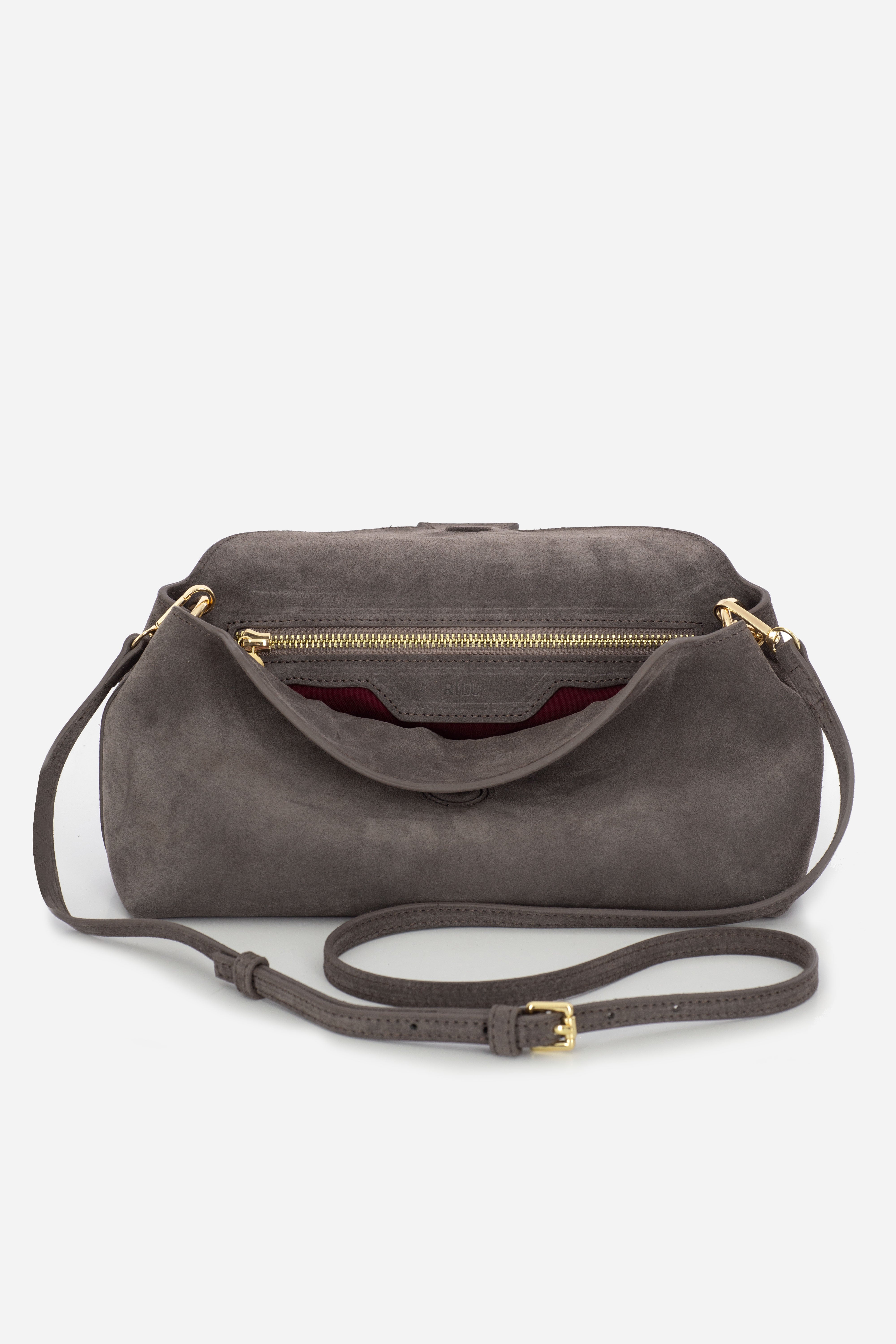 Rilu Rhea ash taupe suede leather clutch close-up of luxurious suede texture