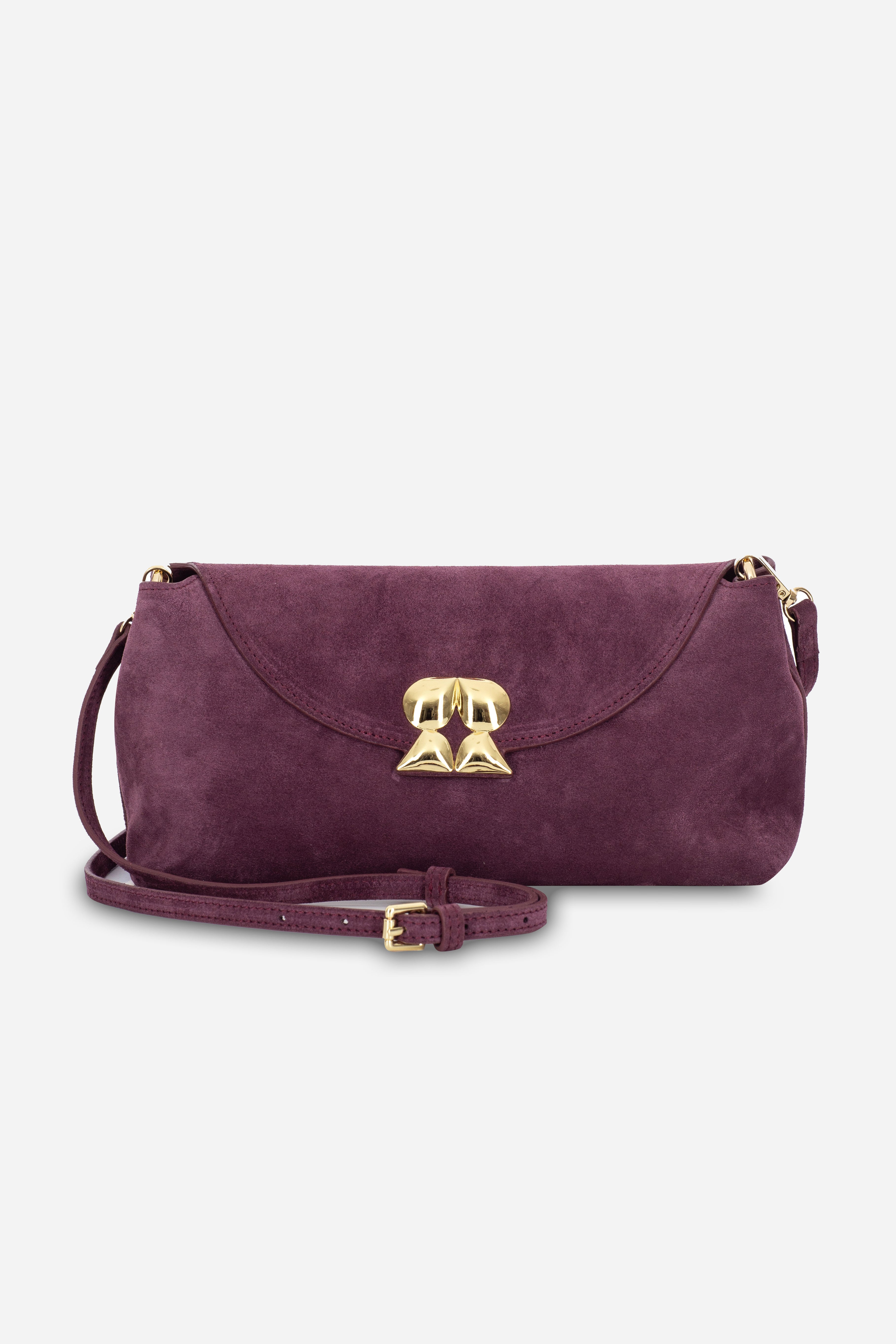 Rilu Rhea berry suede leather clutch front view with graceful structure