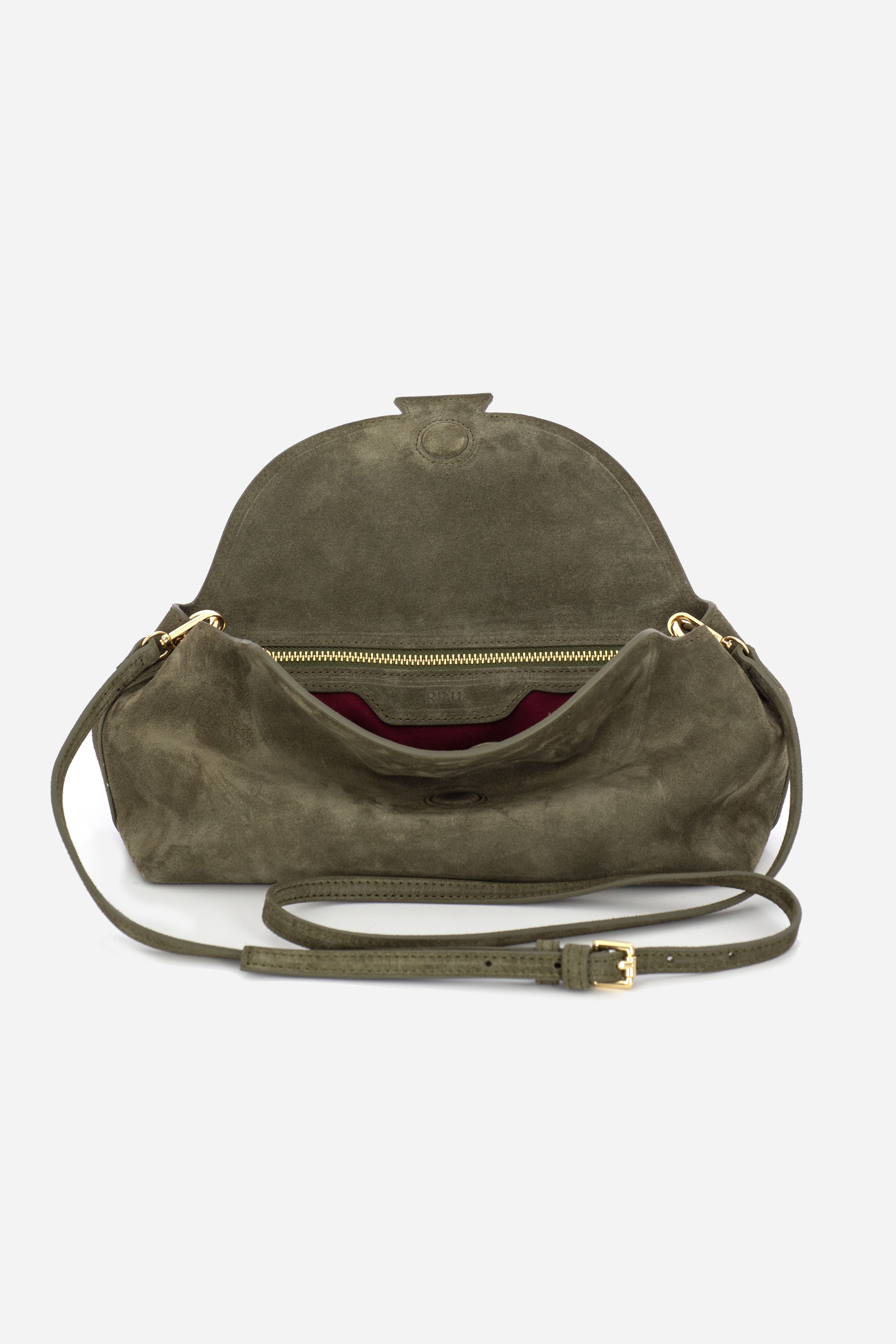 Rilu Rhea olive suede leather clutch close-up of luxurious olive suede material