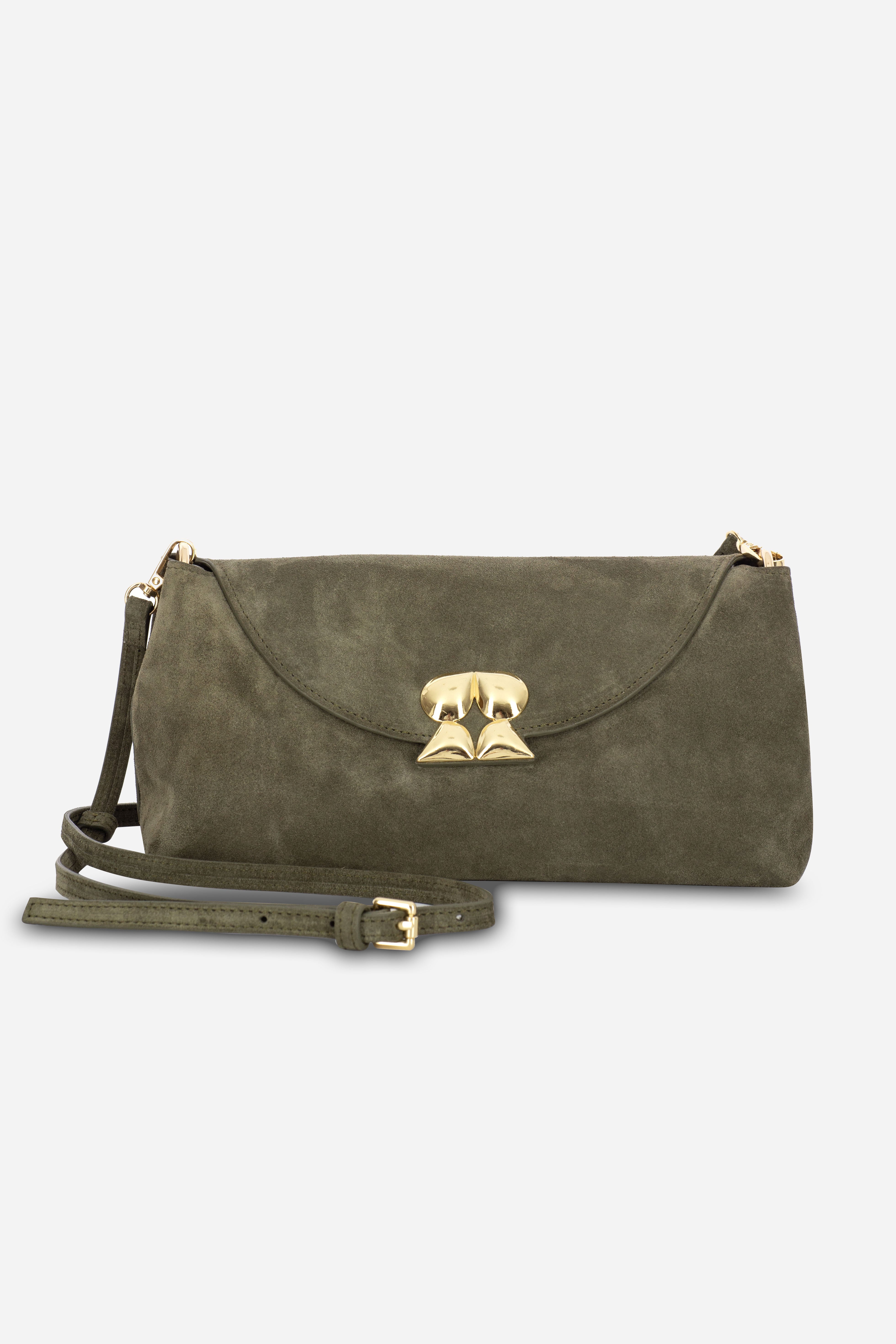 Rilu Rhea olive suede leather convertible clutch front view