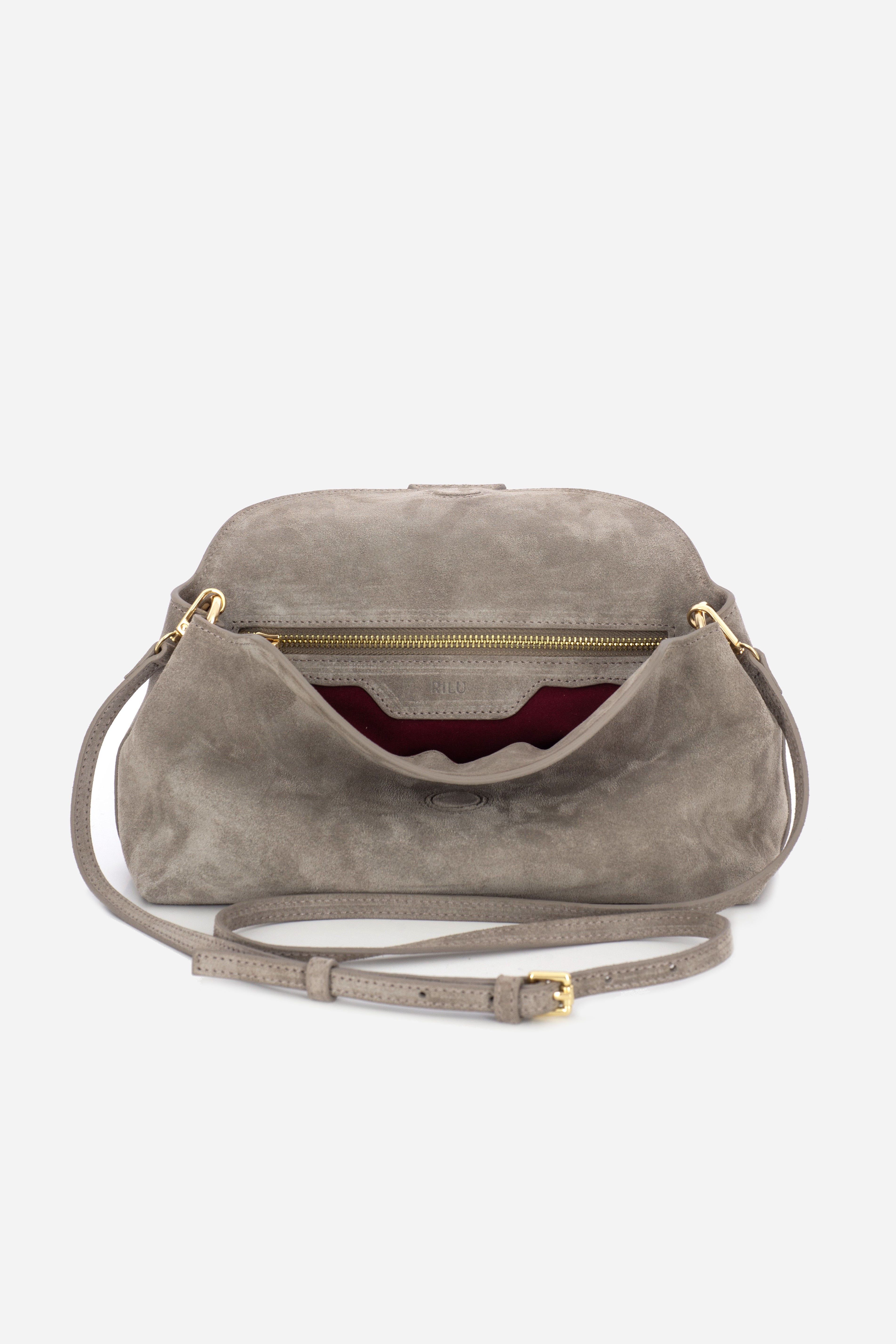 Rilu Rhea stone taupe suede leather clutch close-up of luxurious suede texture