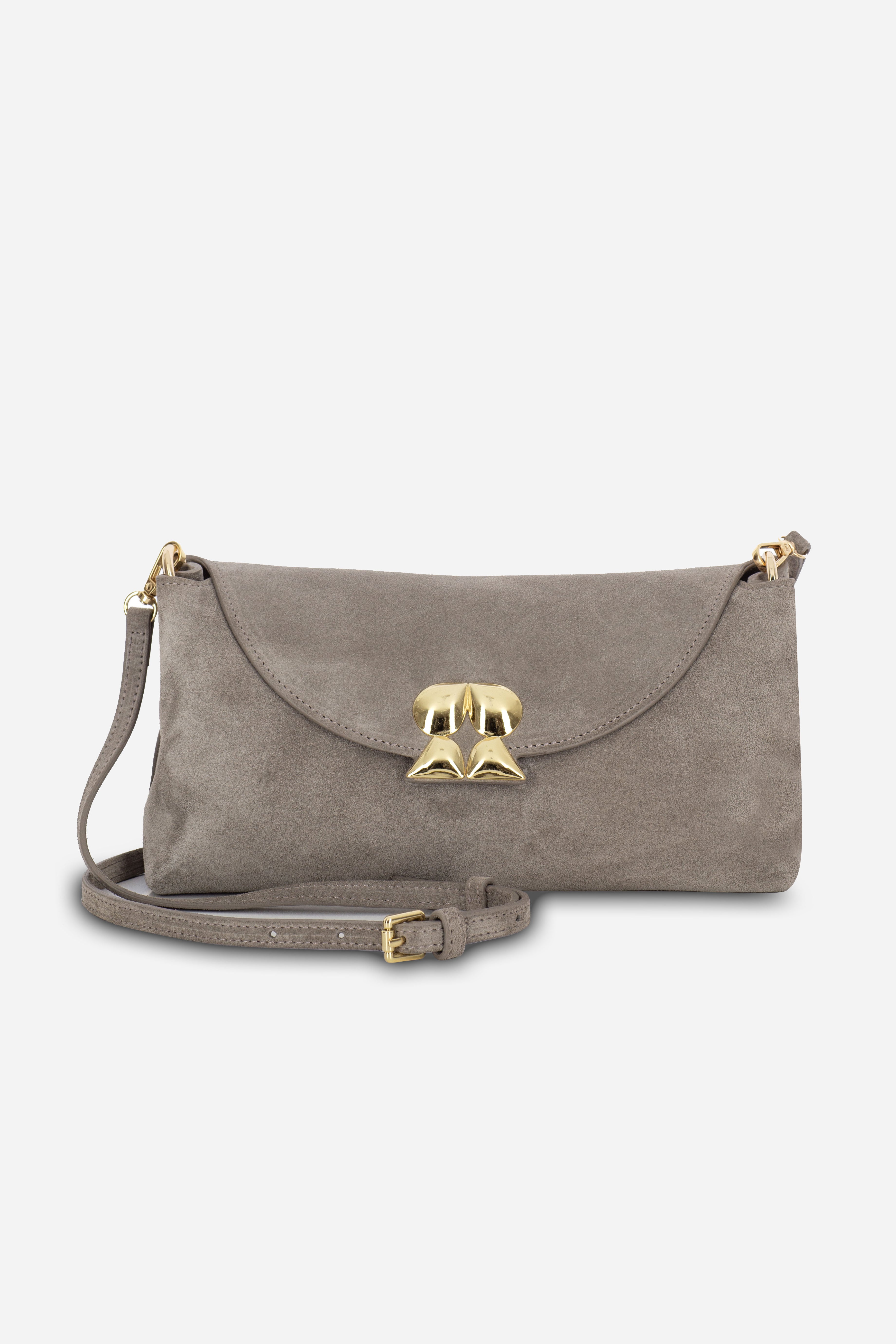 Rilu Rhea stone taupe suede leather convertible clutch front view