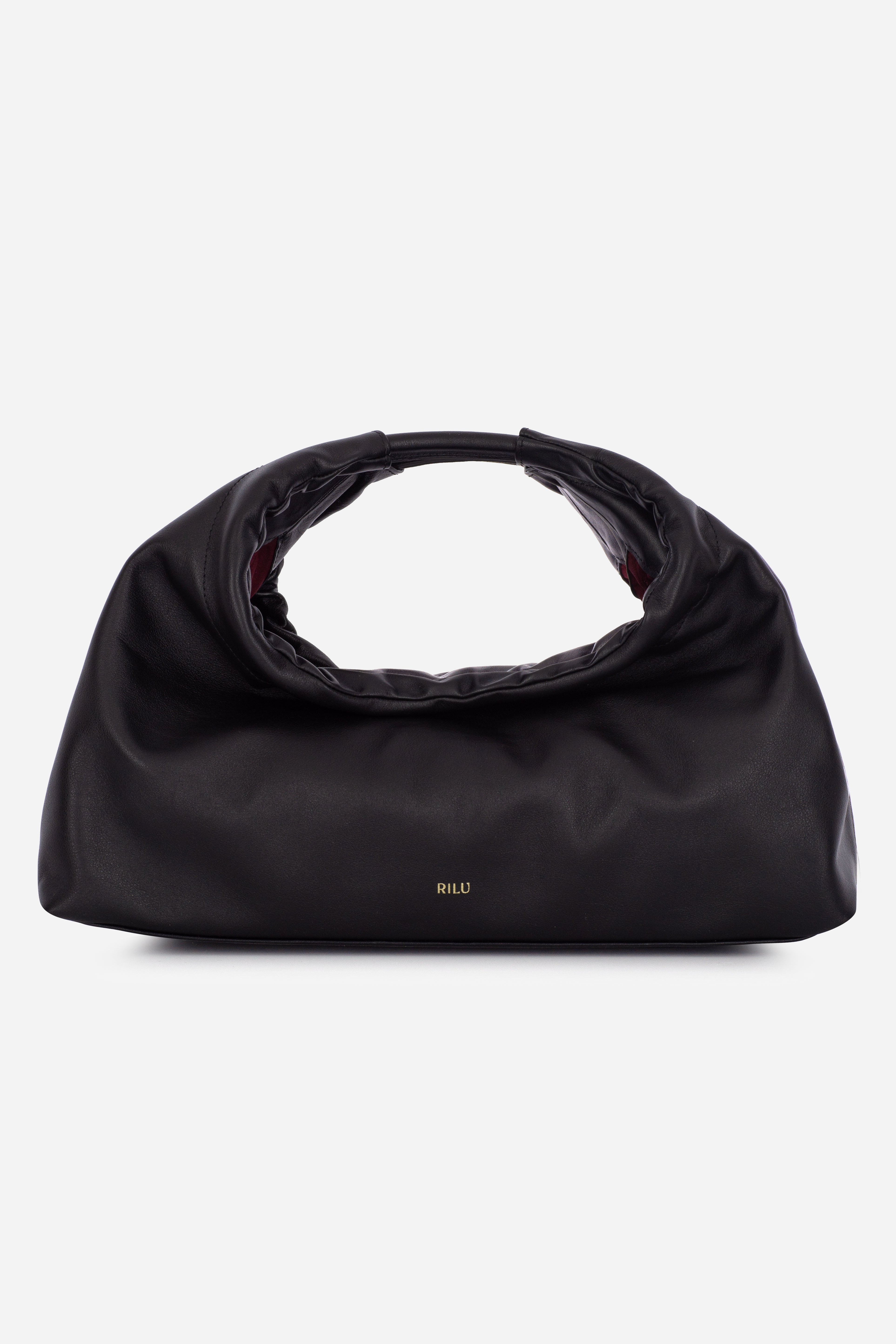 Rilu Sirena black leather shoulder bag with ruched opening, front view