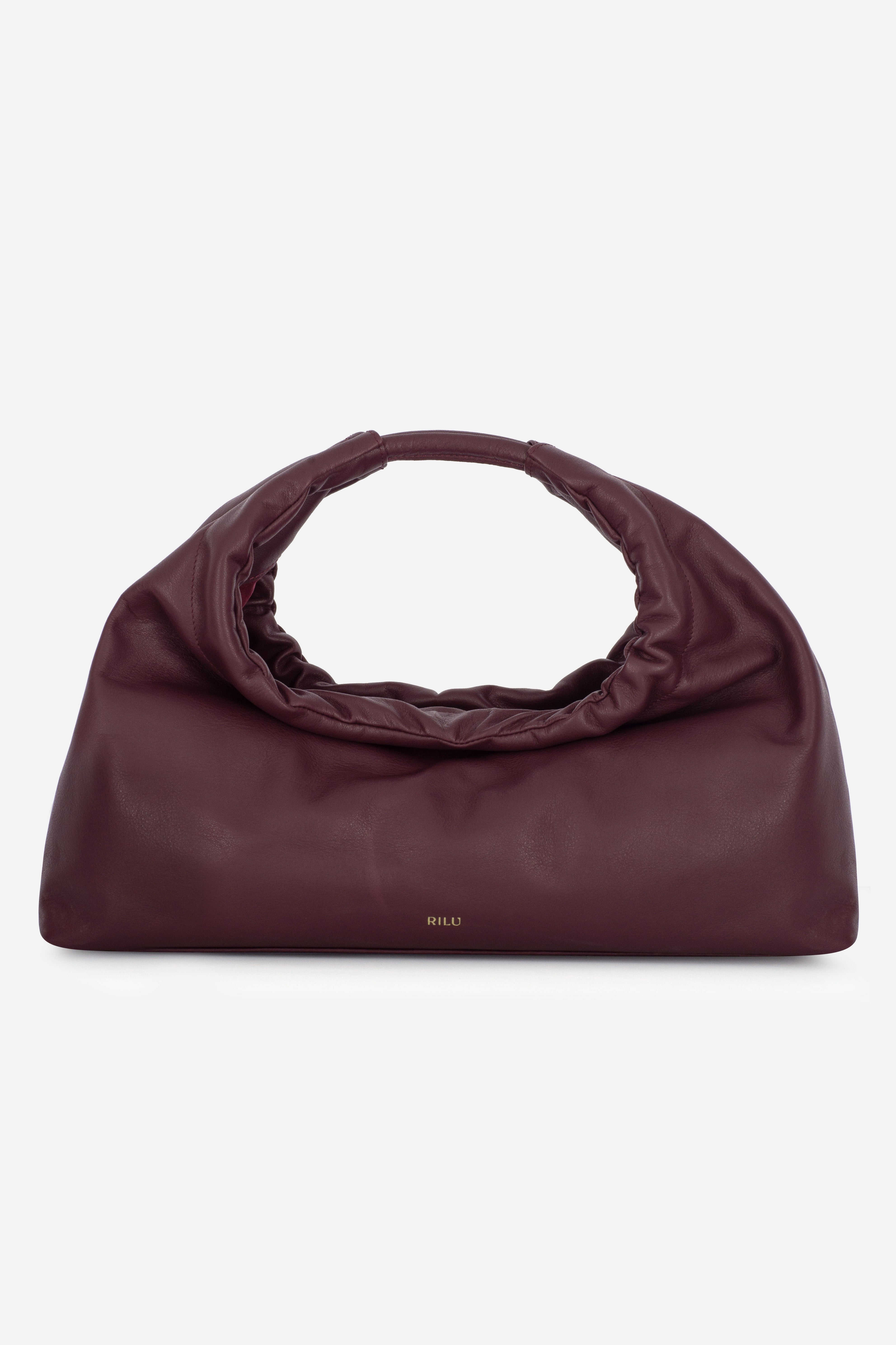 Rilu Sirena burgundy leather shoulder bag with ruched opening, front view