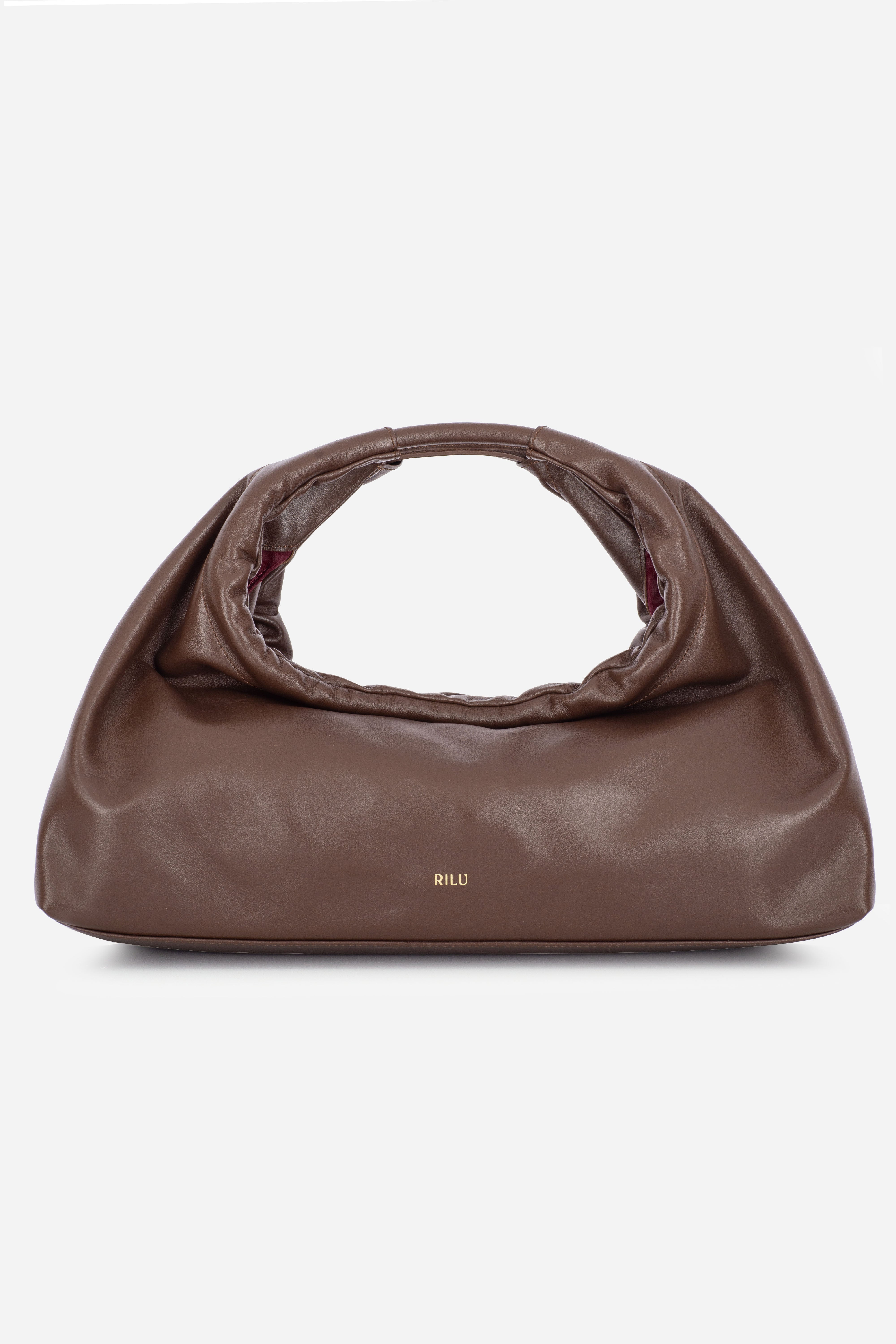 Rilu Sirena espresso leather shoulder bag with ruched opening, front view