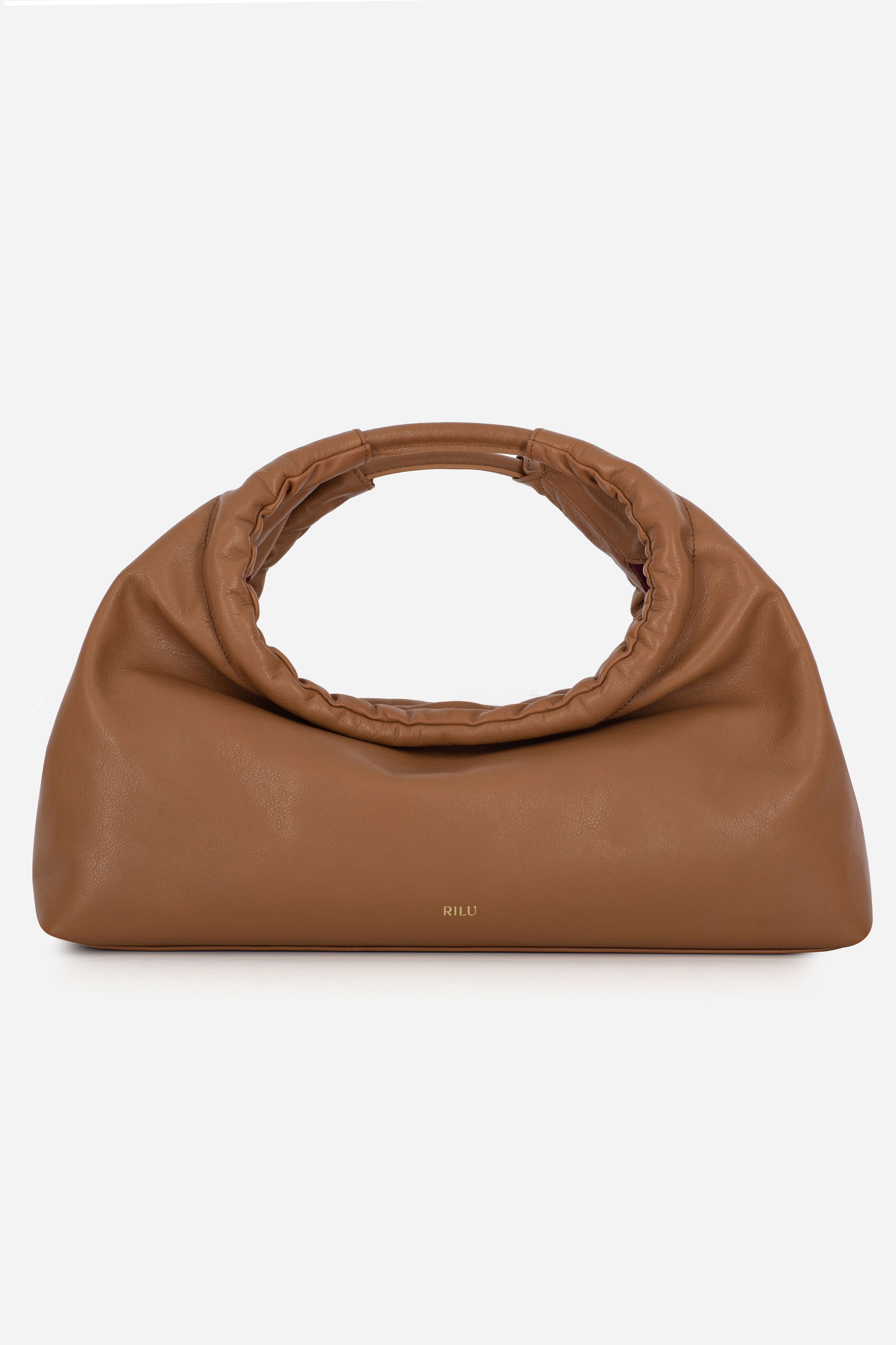 Rilu Sirena toffee leather shoulder bag with ruched opening, front view