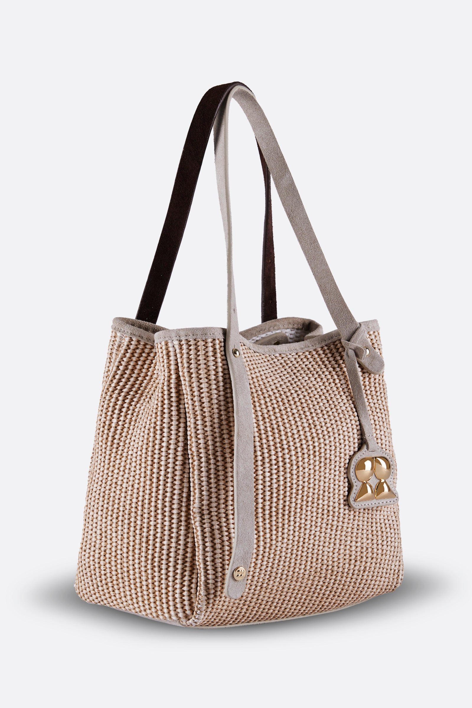 ZOEY BEIGE SUEDE-ESPRESSO SUEDE RAFFIA SHOULDER BAG