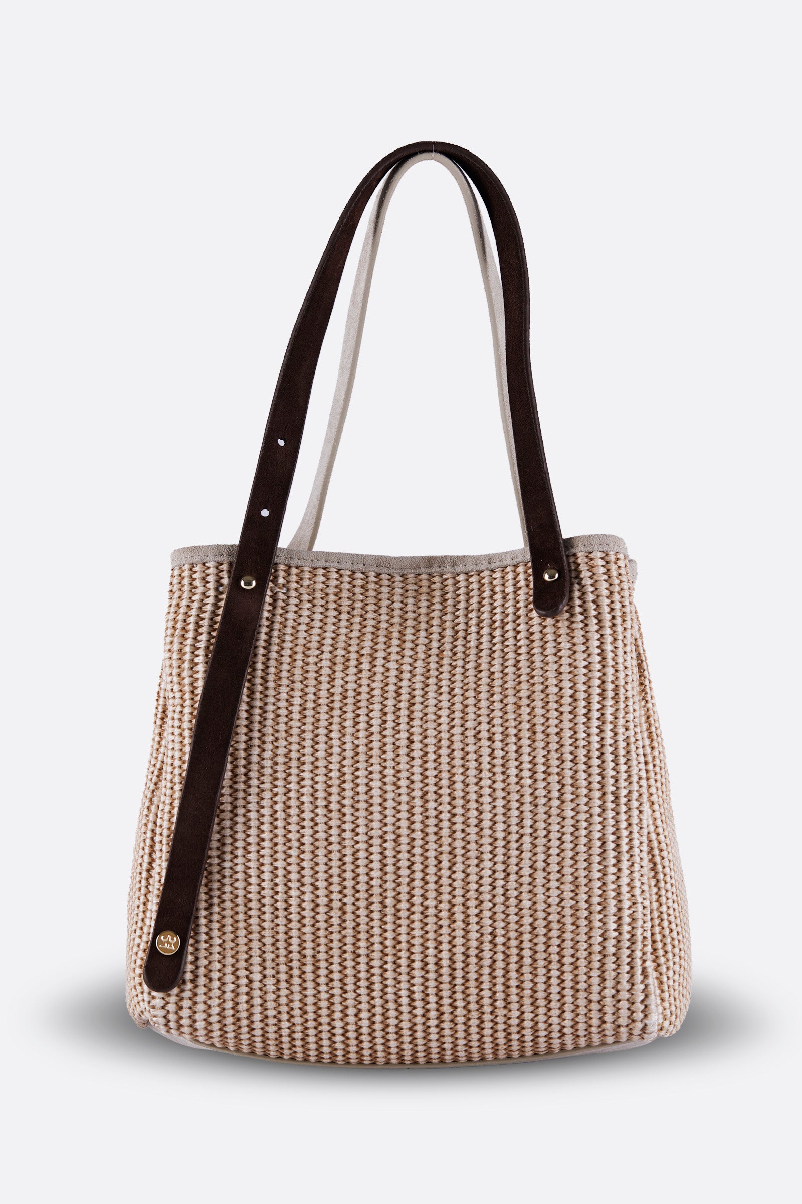 ZOEY BEIGE SUEDE-ESPRESSO SUEDE RAFFIA SHOULDER BAG