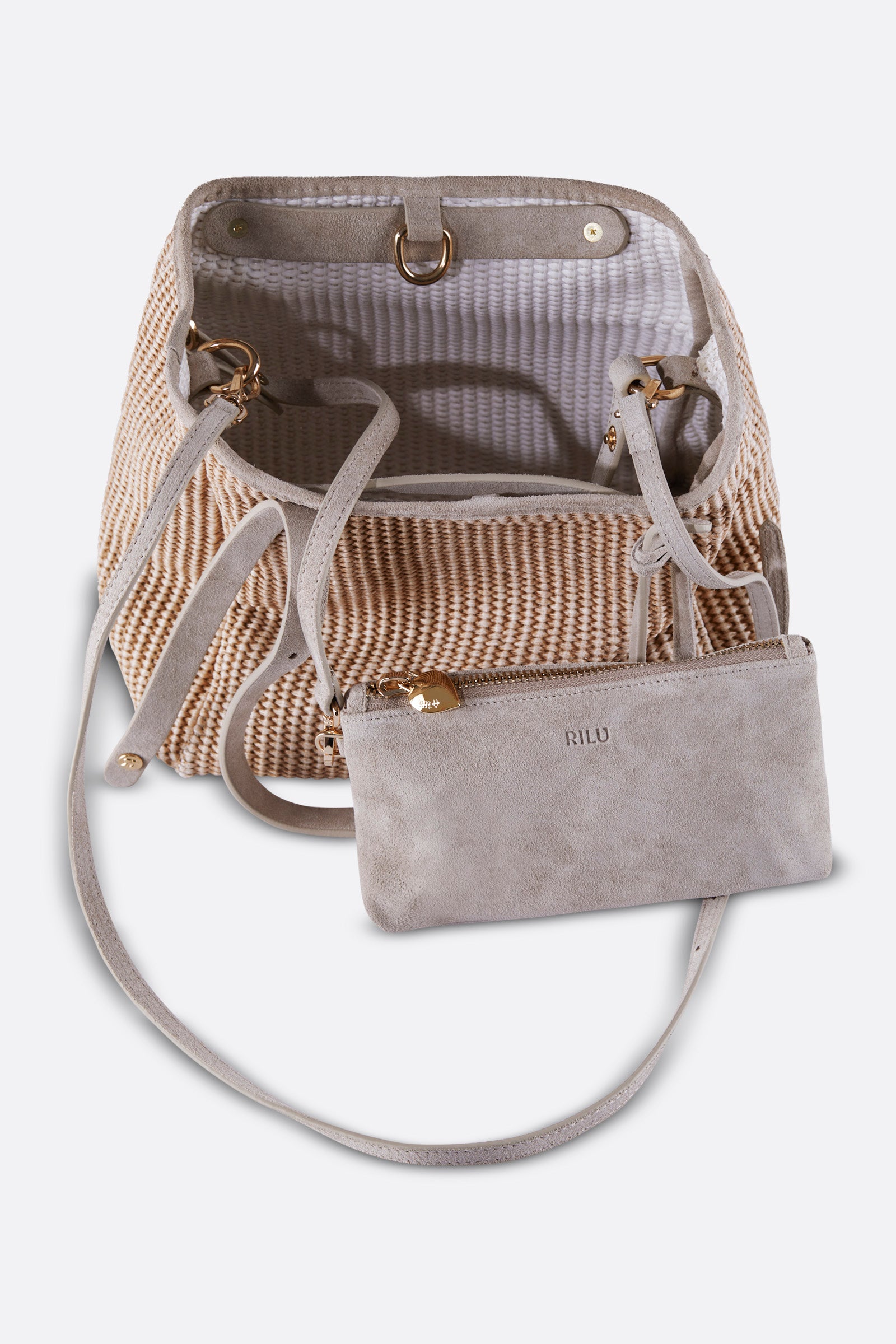 ZOEY BEIGE SUEDE-ESPRESSO SUEDE RAFFIA SHOULDER BAG