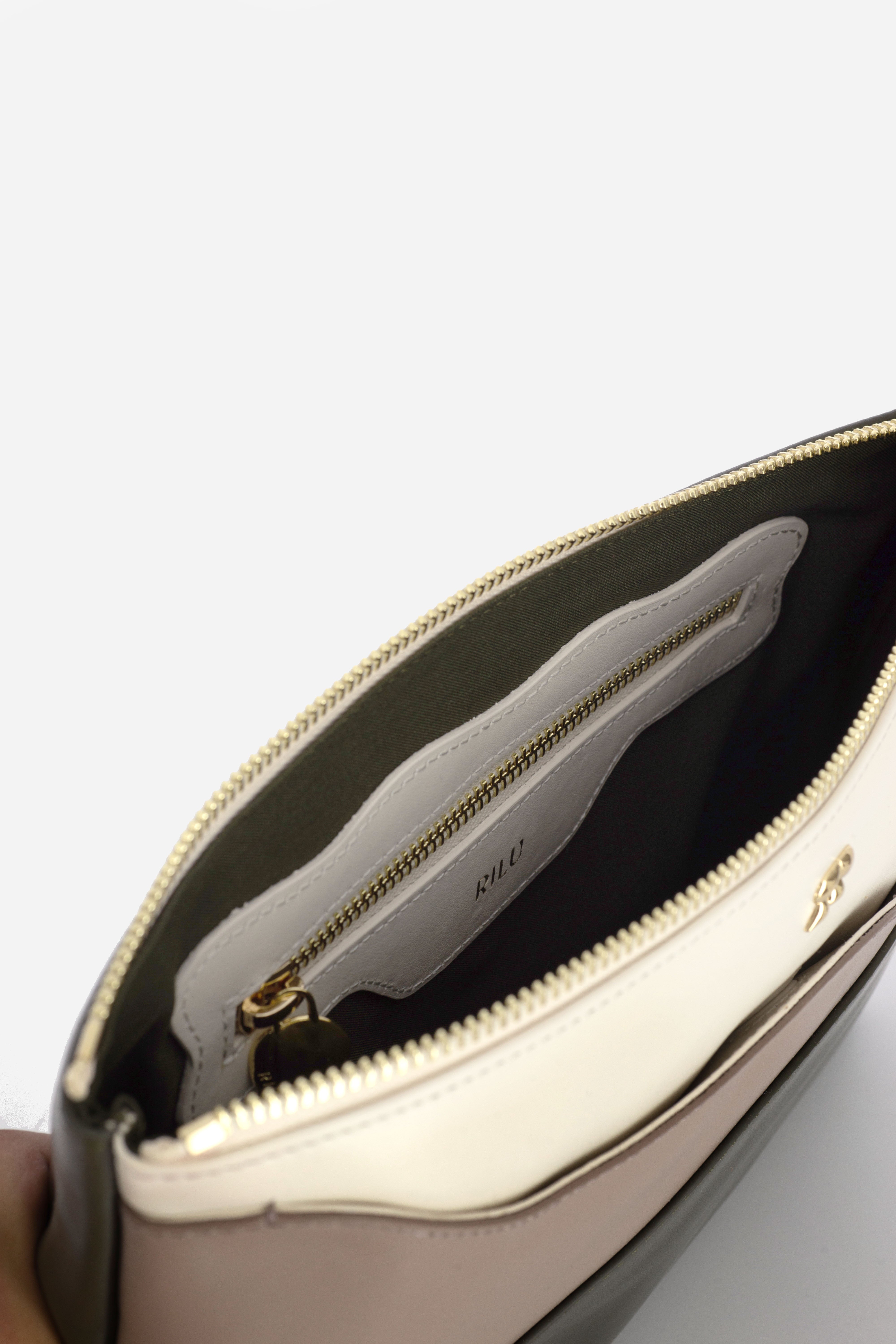 Ivy Dark Green-Stone Gray-Ivory Leather Clutch