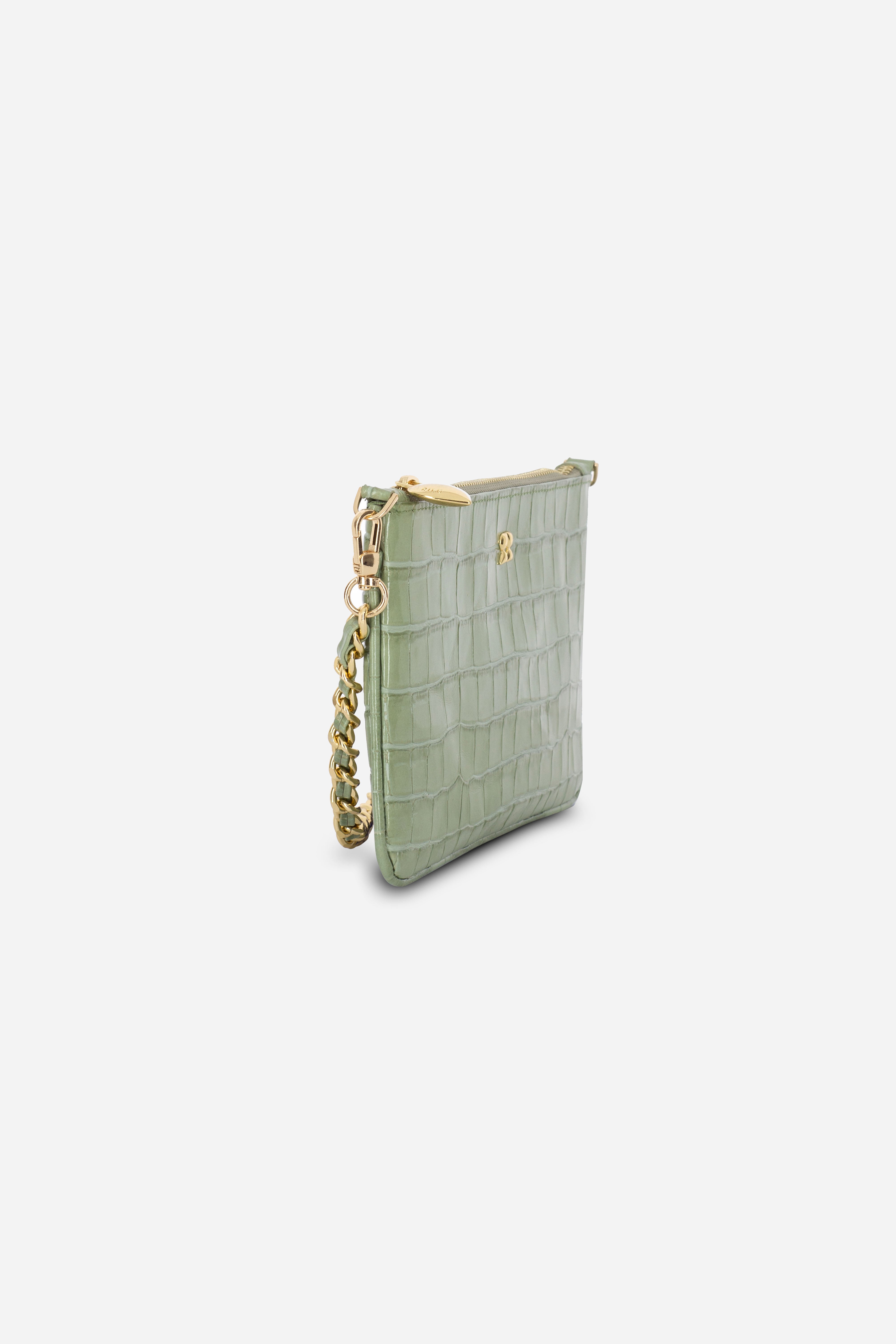 KAIA SALMON GREEN PRINT CHAIN CLUTCH LEATHER BAG