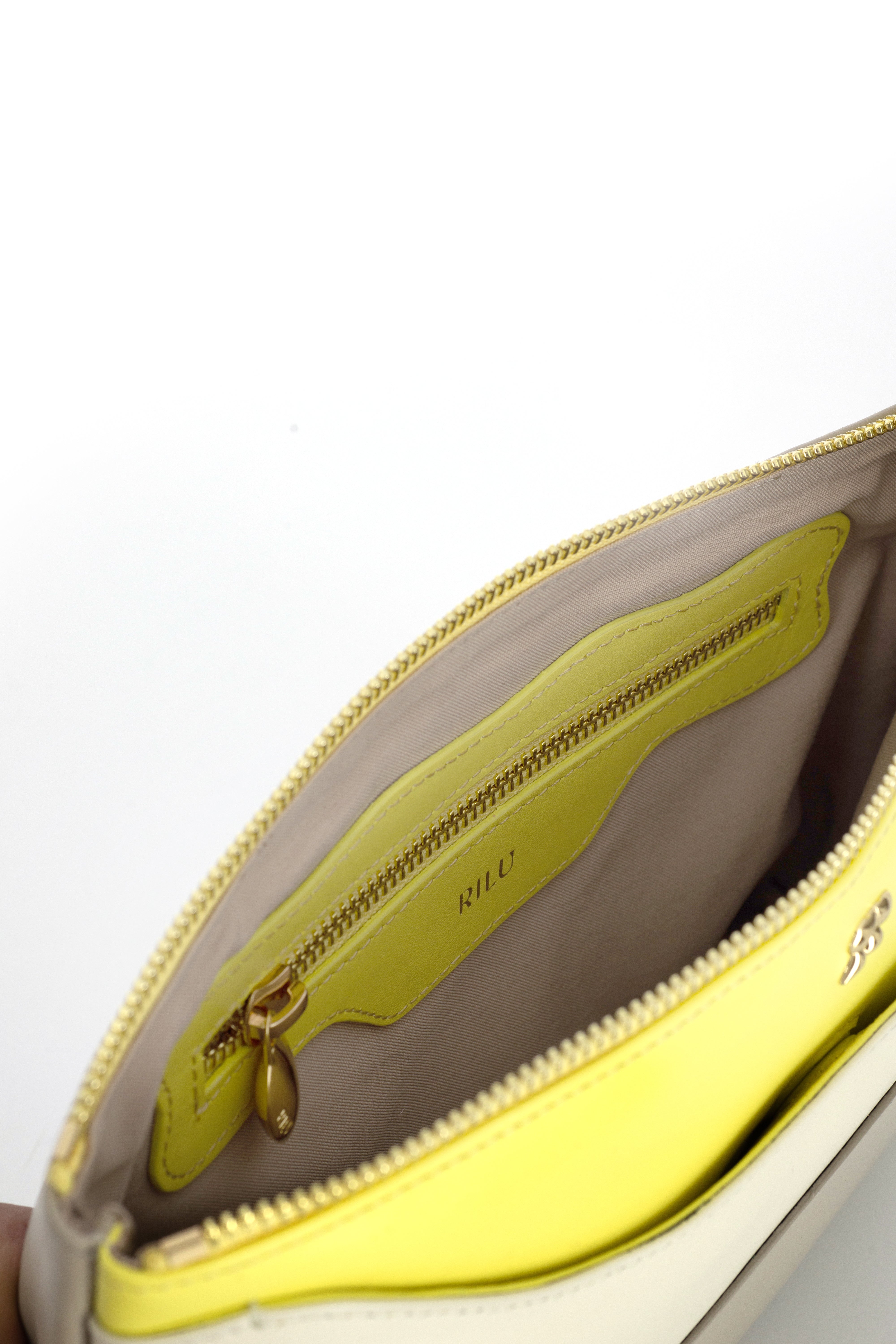 Ivy Stone Gray-Ivory-Yellow Butter Leather Clutch
