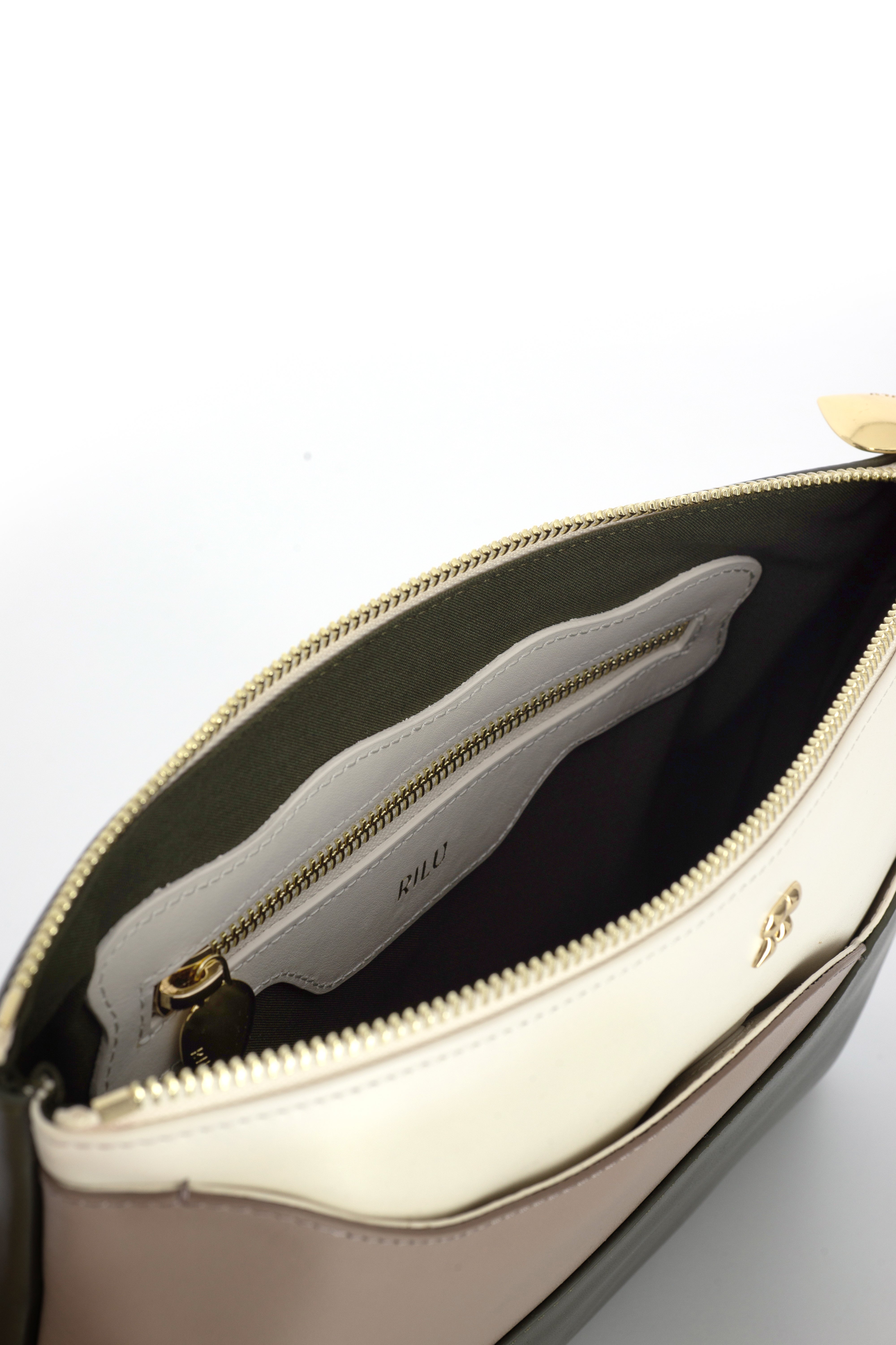 Ivy Dark Green-Stone Gray-Ivory Leather Clutch
