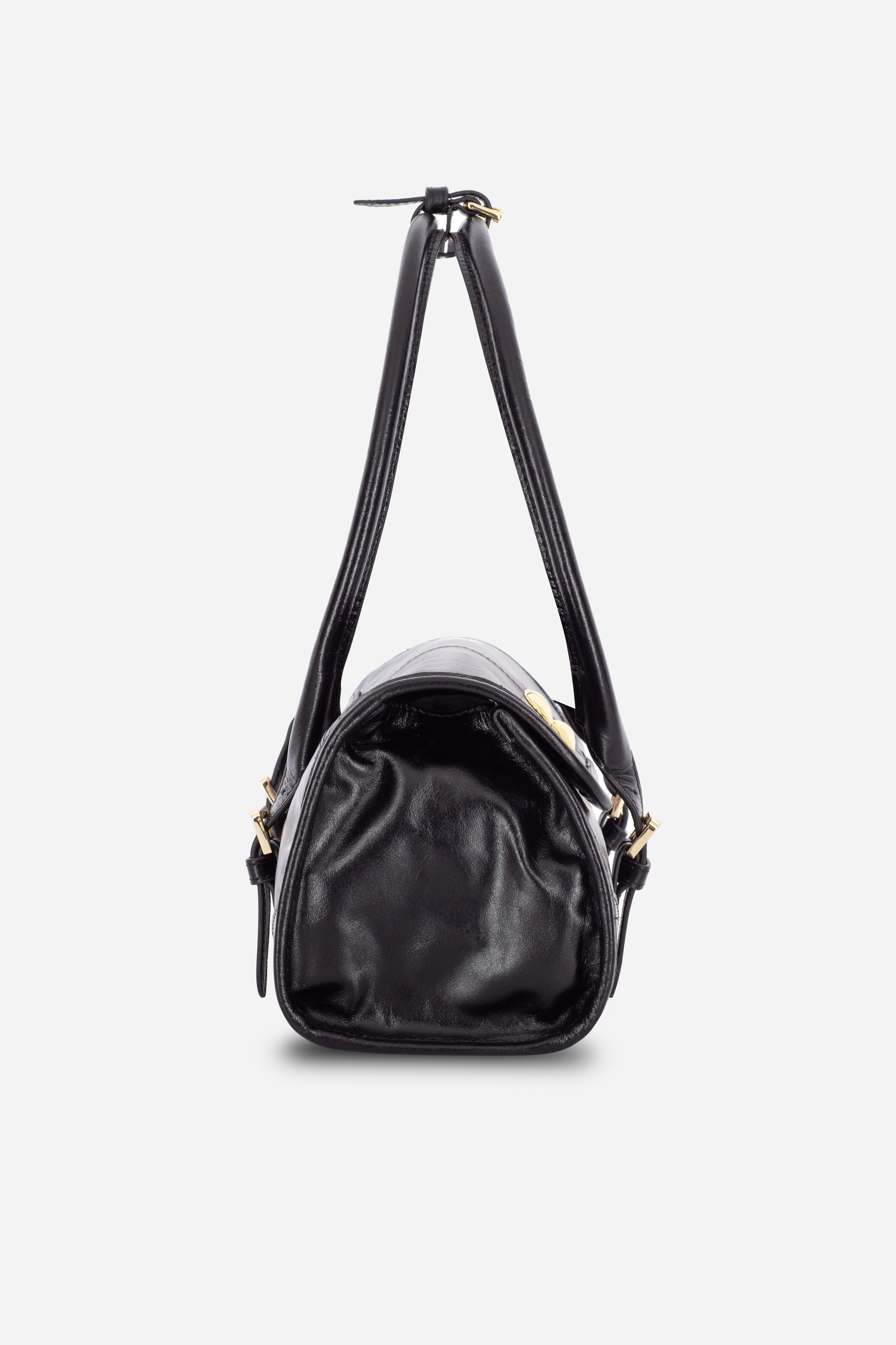 Rilu Amara black leather shoulder bag side view showing depth view