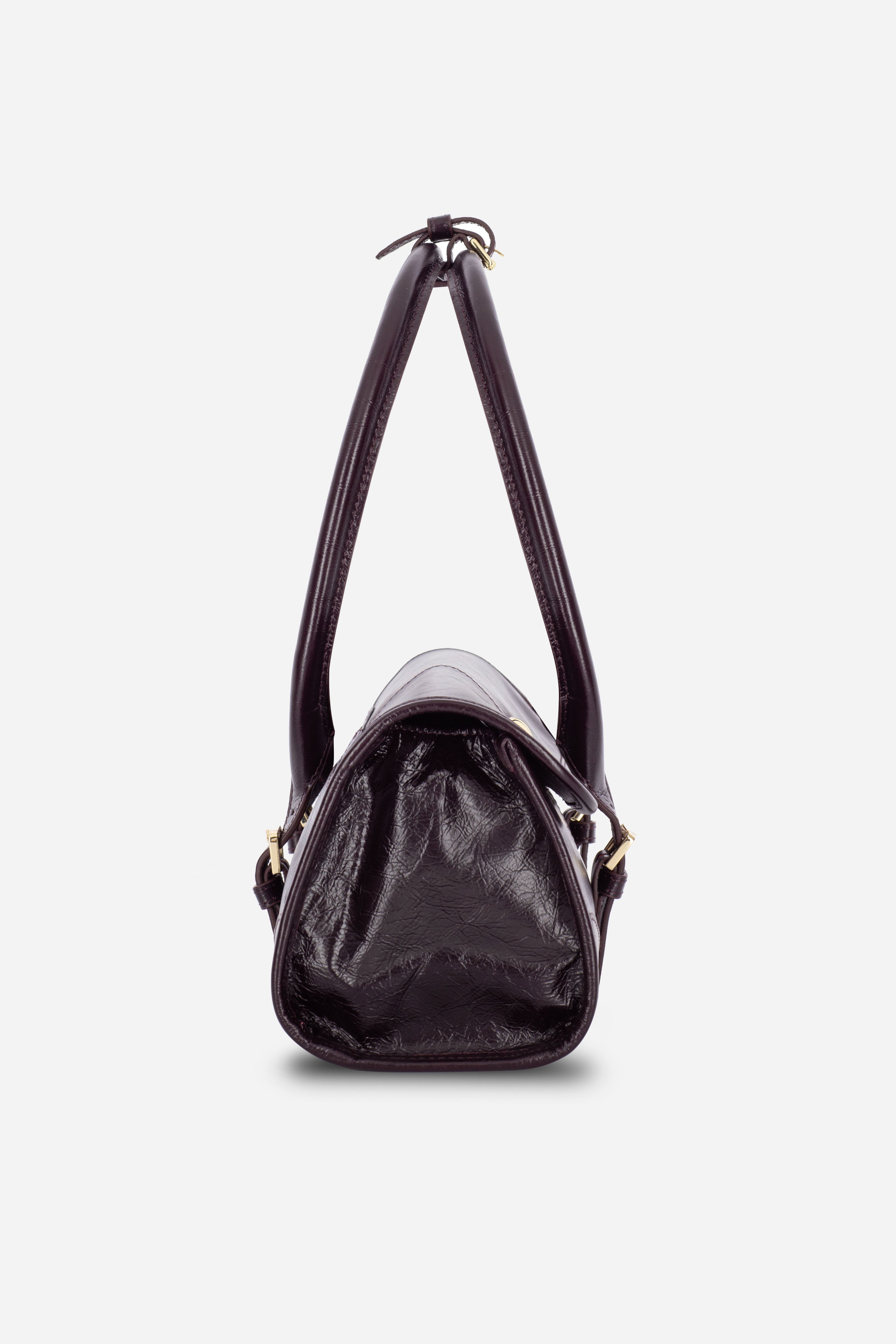 Rilu Amara burgundy leather shoulder bag side view showing depth