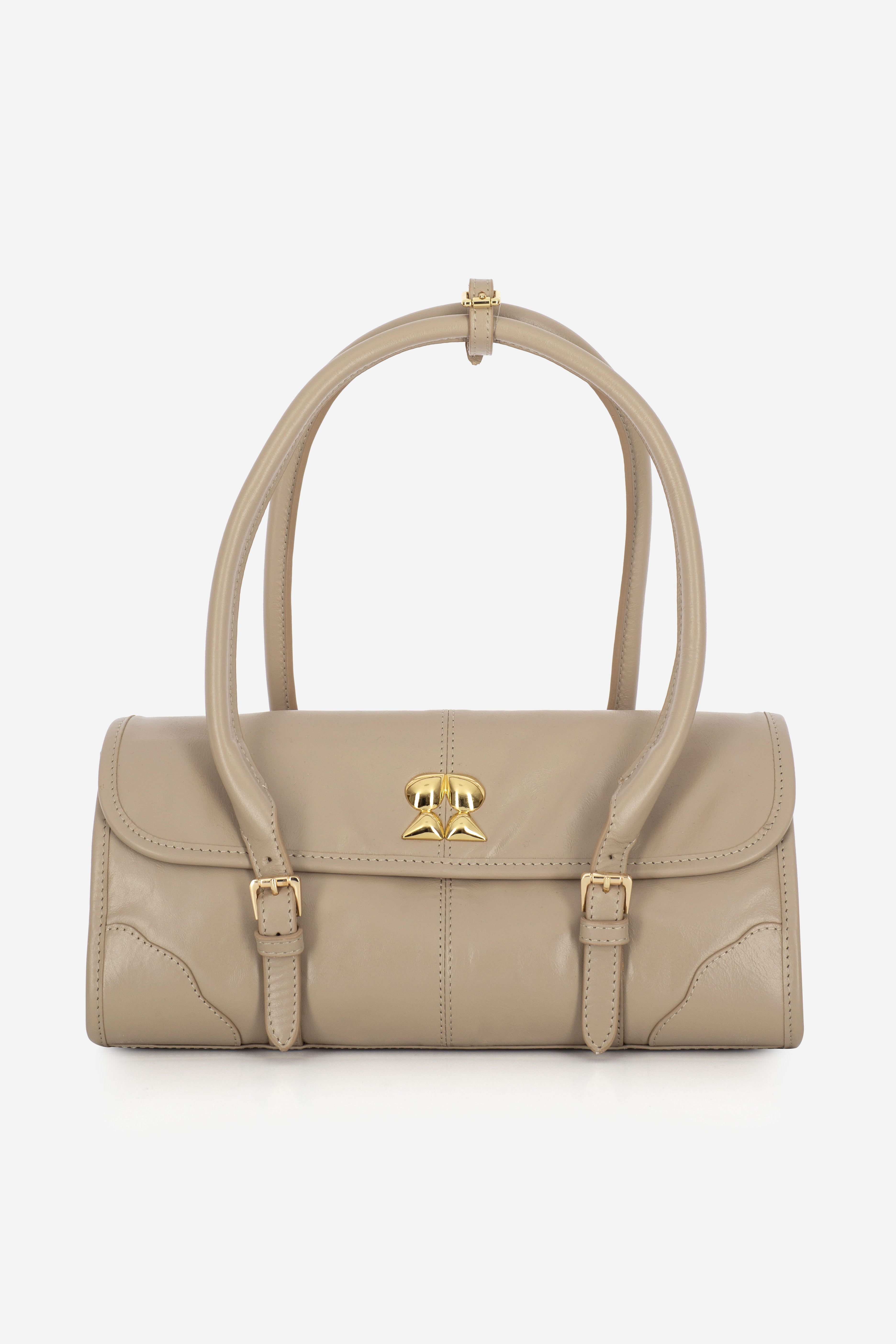 Rilu Amara sand leather shoulder bag front view with sleek design