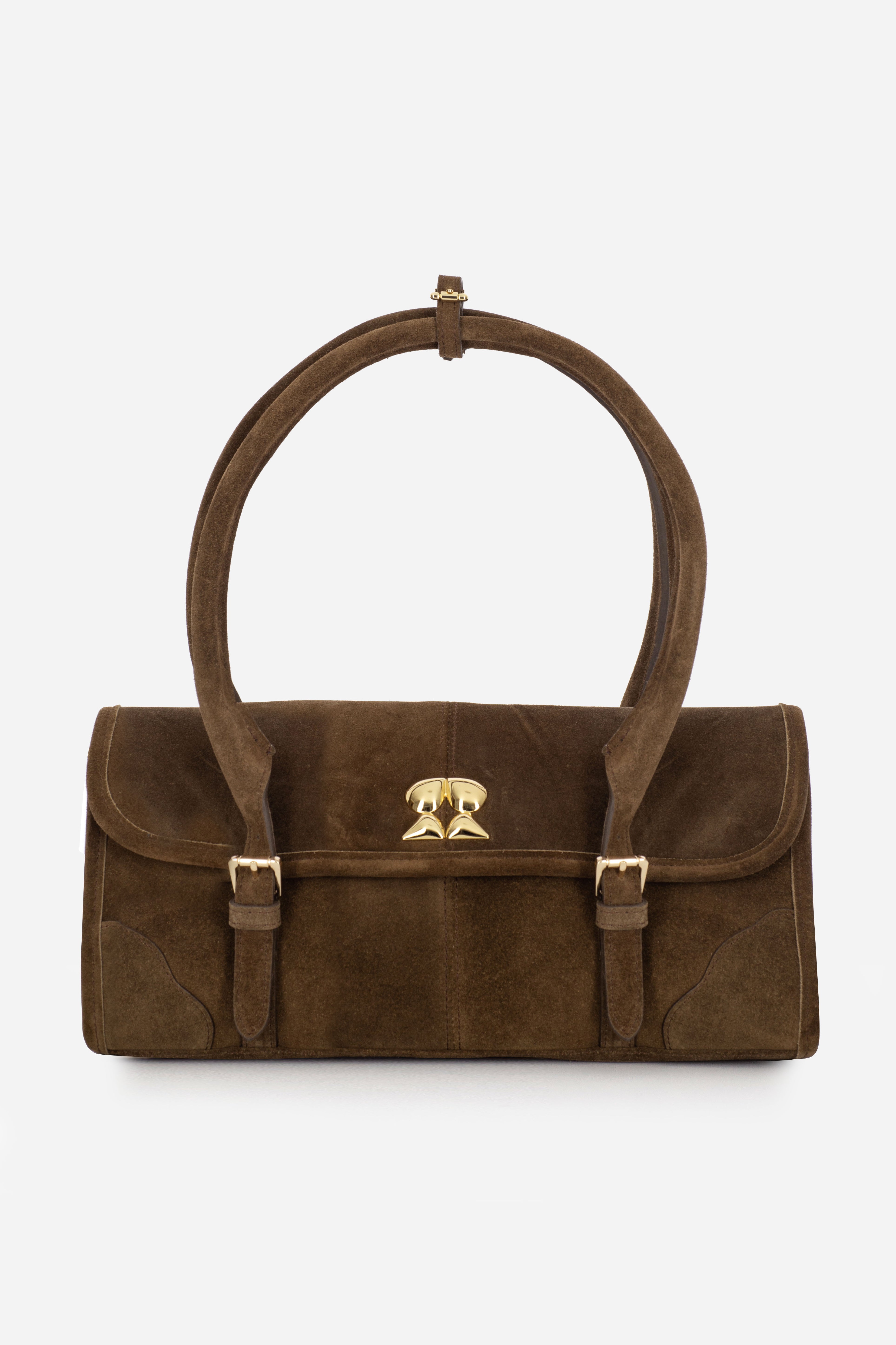 Rilu Amara suede brown leather shoulder bag front view with sleek design