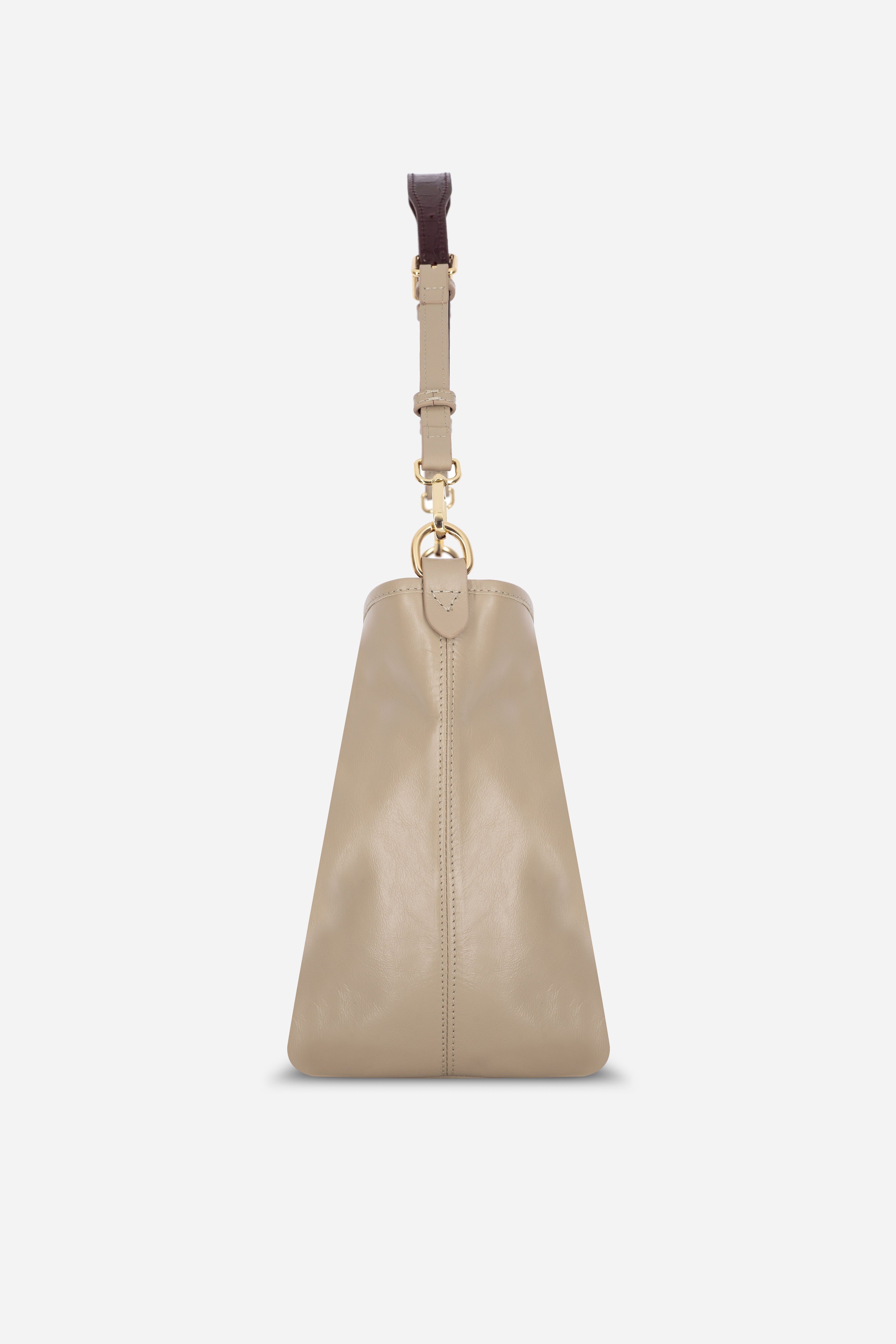 Rilu Elan sand leather shoulder bag side view showing soft structure