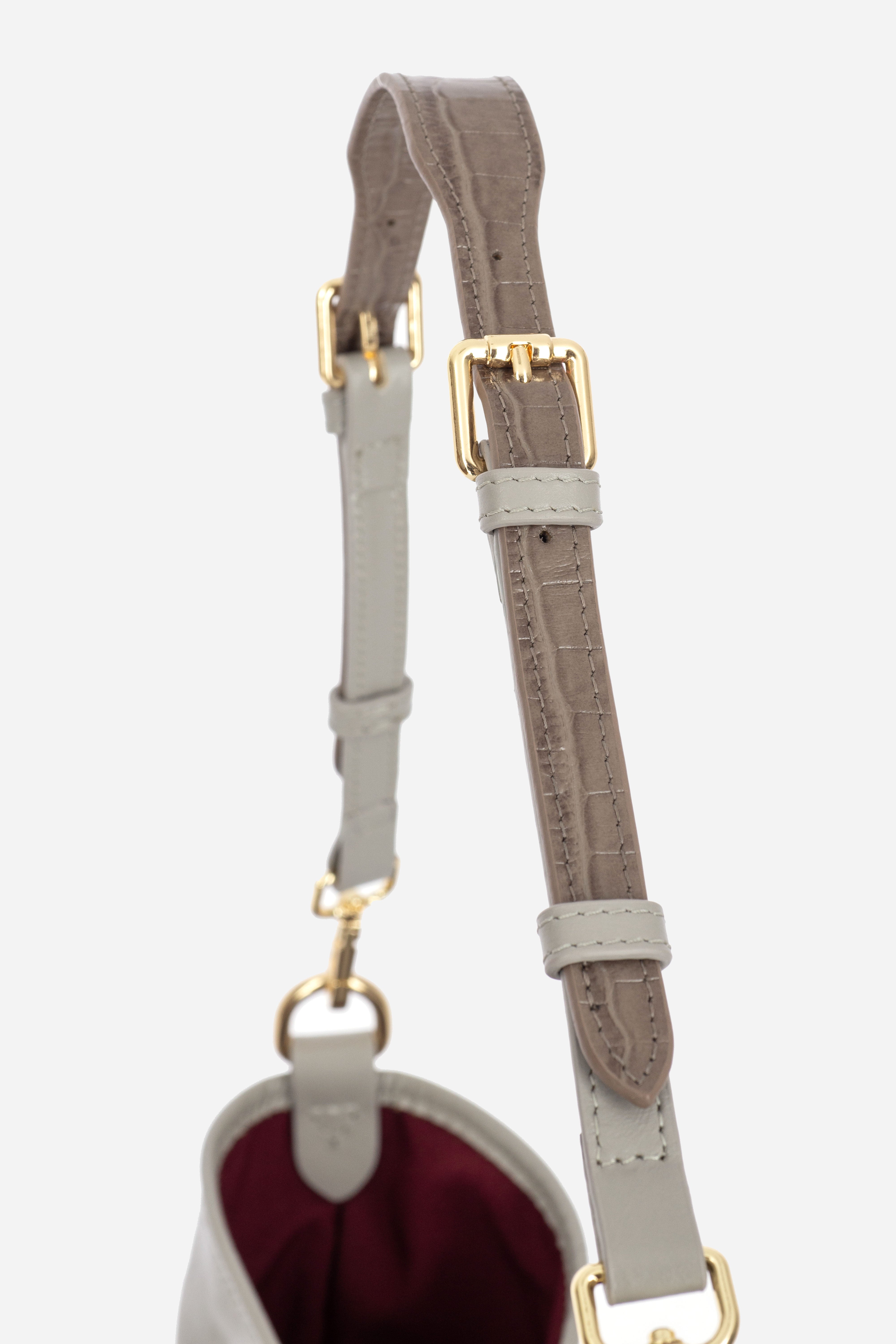 Rilu Elan stone gray leather shoulder bag close-up of soft leather strap