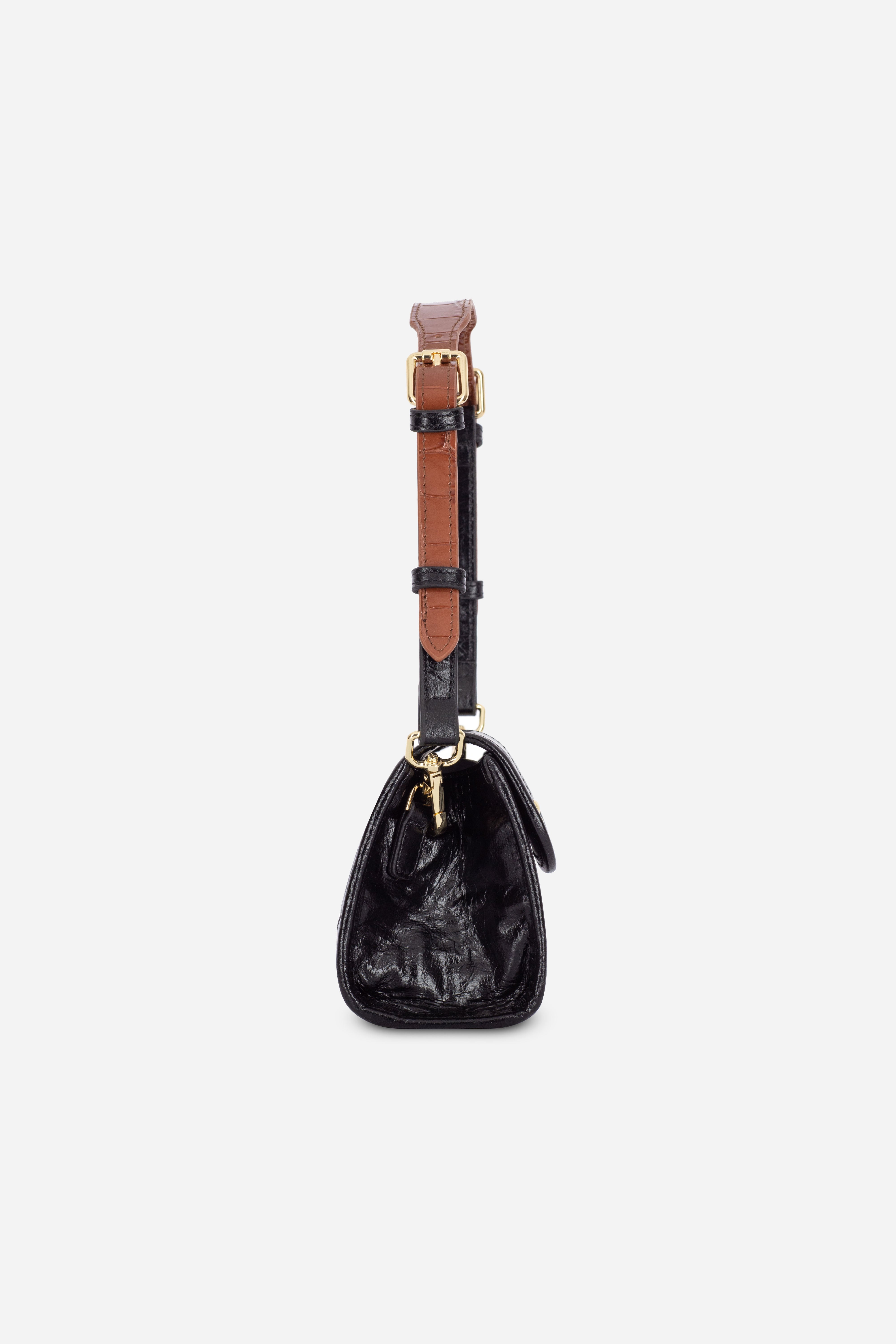 Angle view of the Rilu Elysia Black leather mini bag with croc strap
