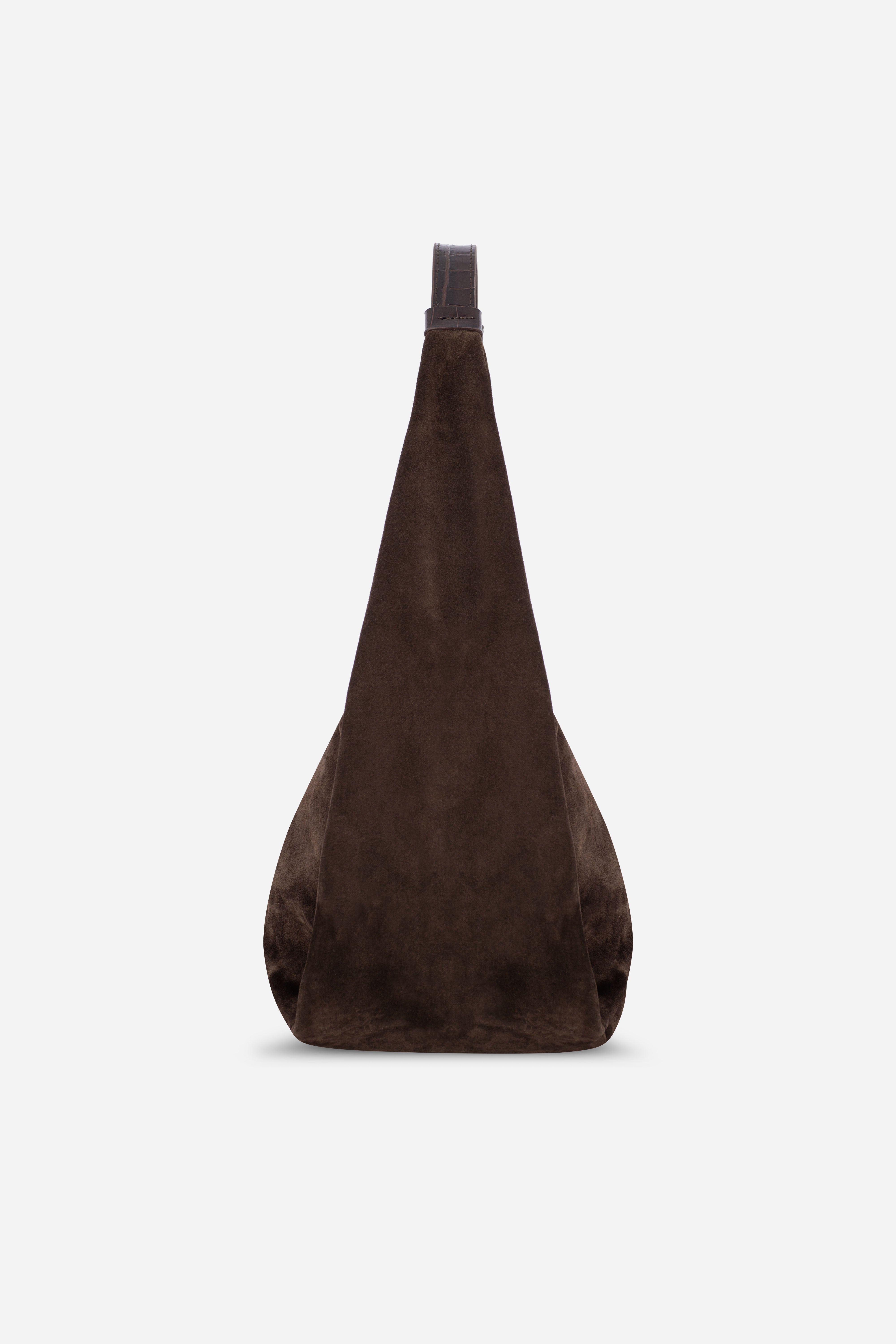 Rilu Hera espresso suede leather hobo bag side view showing relaxed drape and volume