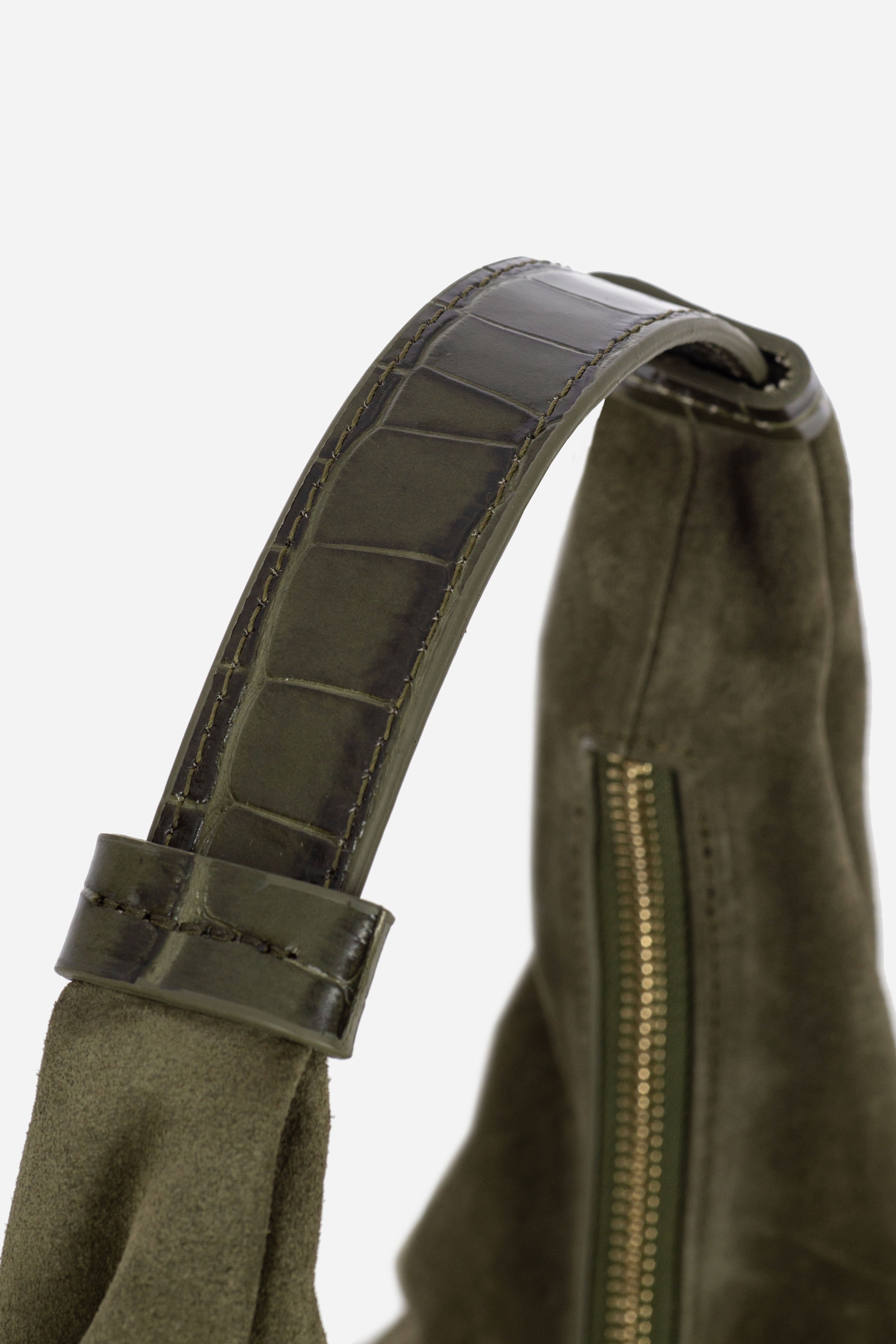 Rilu Hera olive suede leather hobo bag close-up of the soft suede texture strap