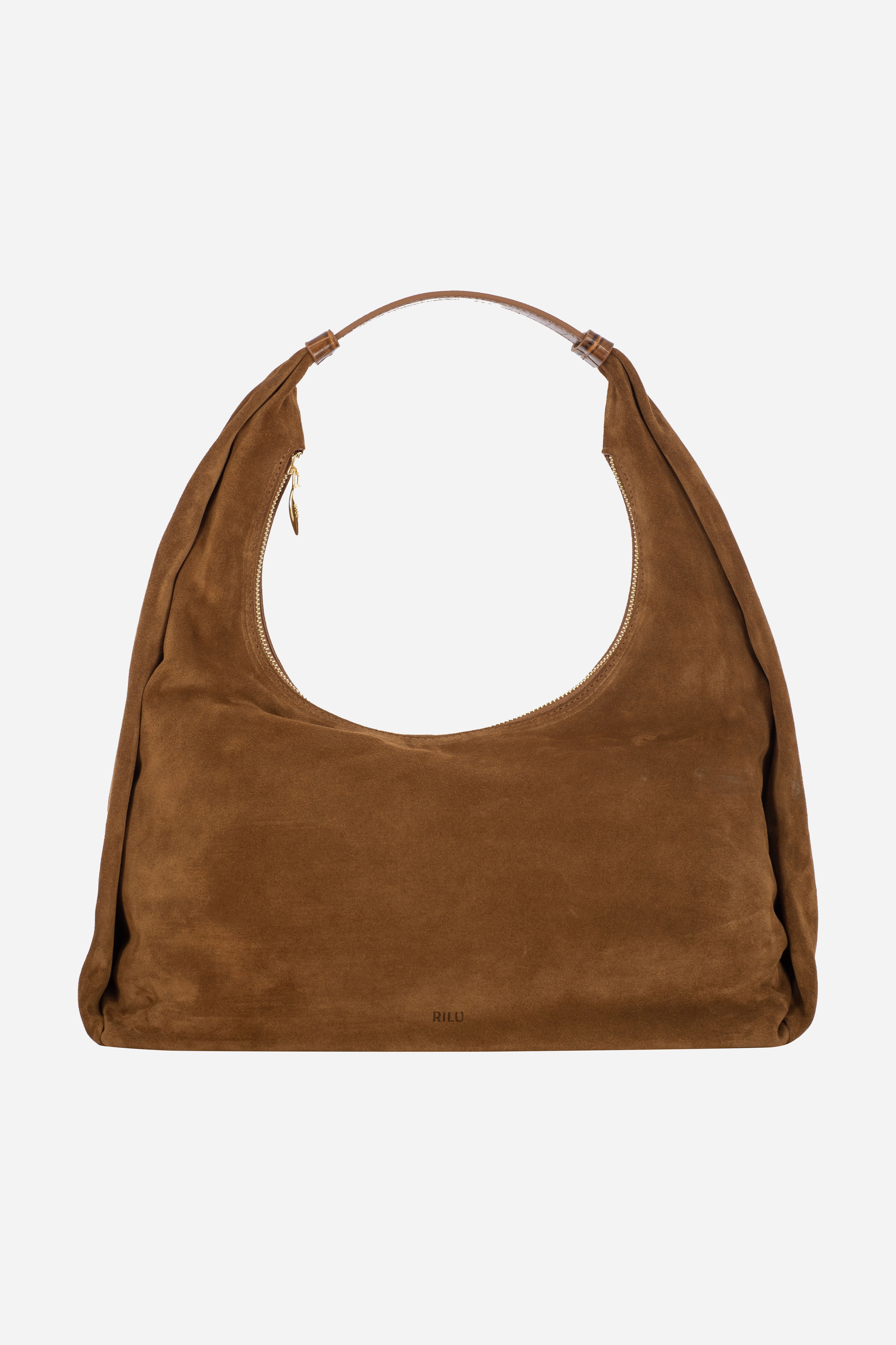 Rilu Hera toffee suede leather oversized hobo bag front view