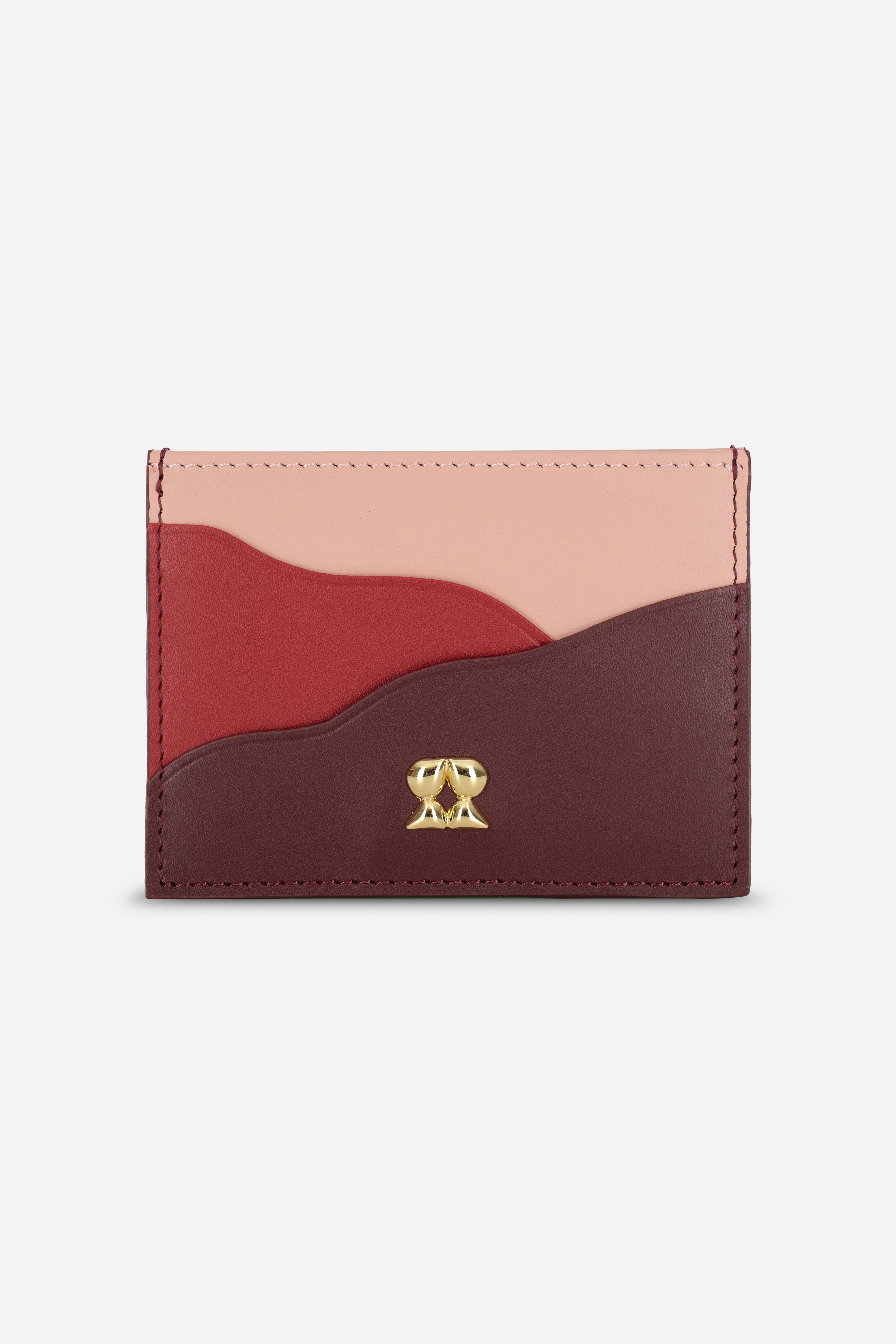 Rilu Iris blush, cherry, and burgundy leather card holder front view
