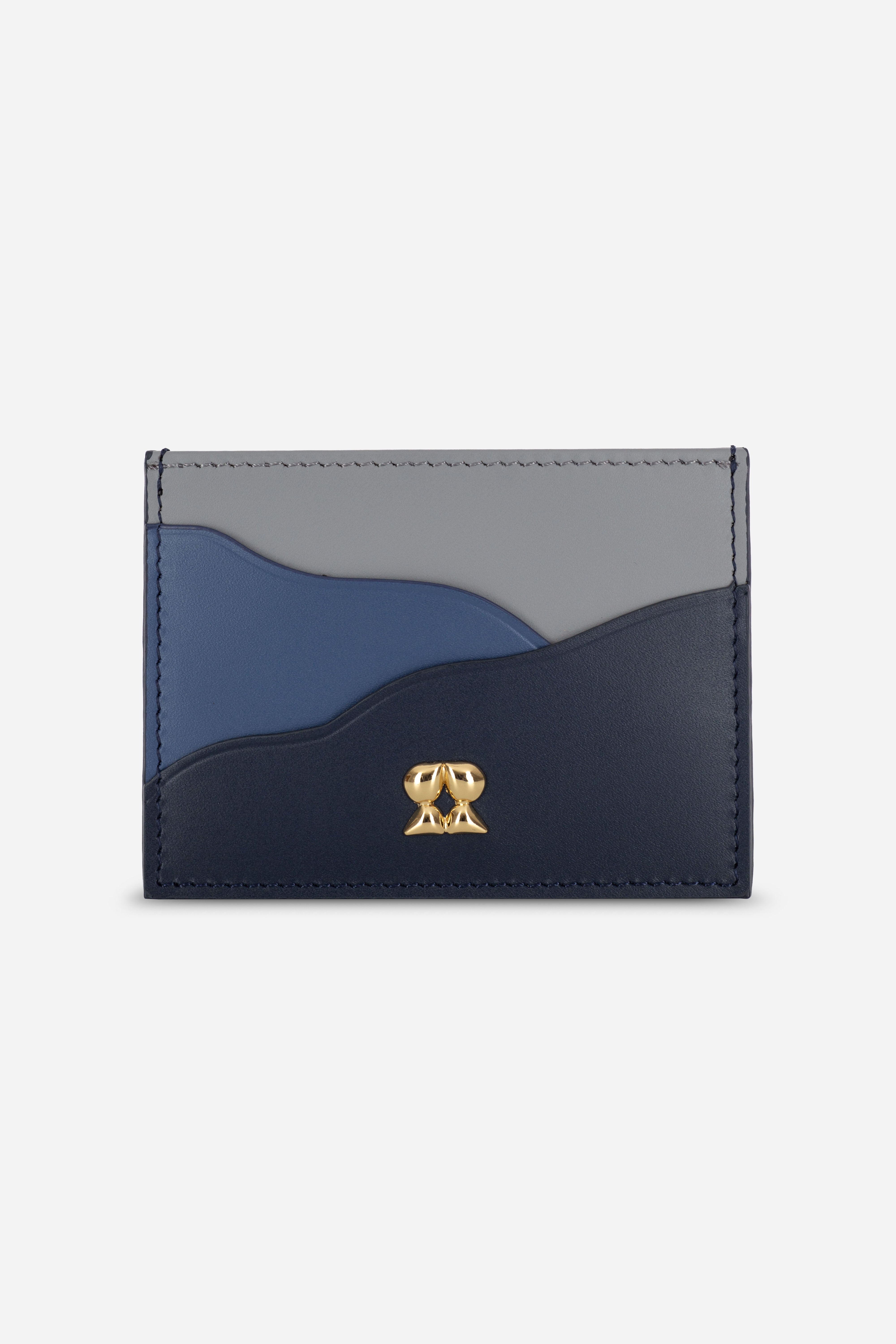 Rilu Iris gray, indigo, and midnight navy leather card holder front view