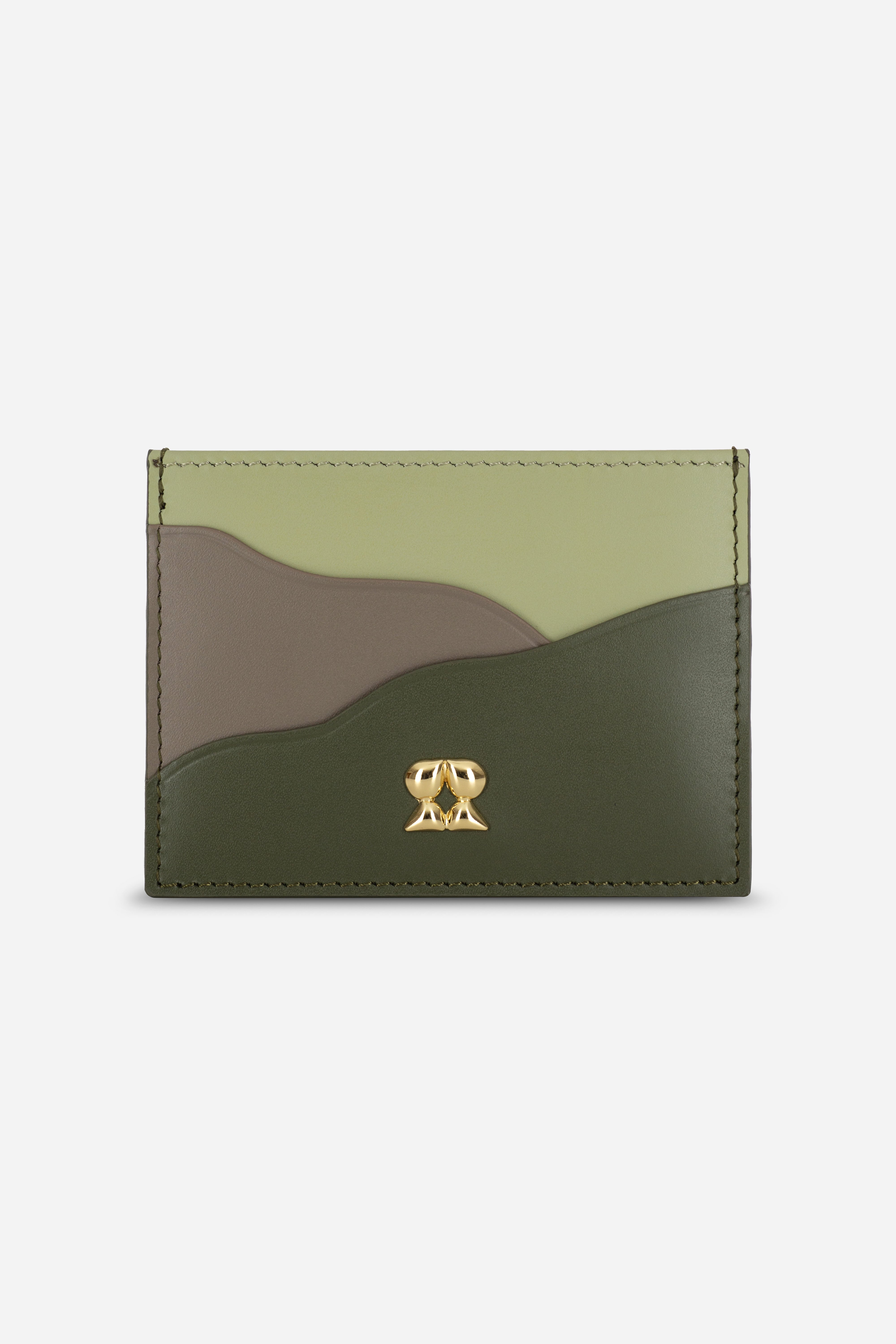 Rilu Iris pistachio, ash taupe, and olive leather card holder front view
