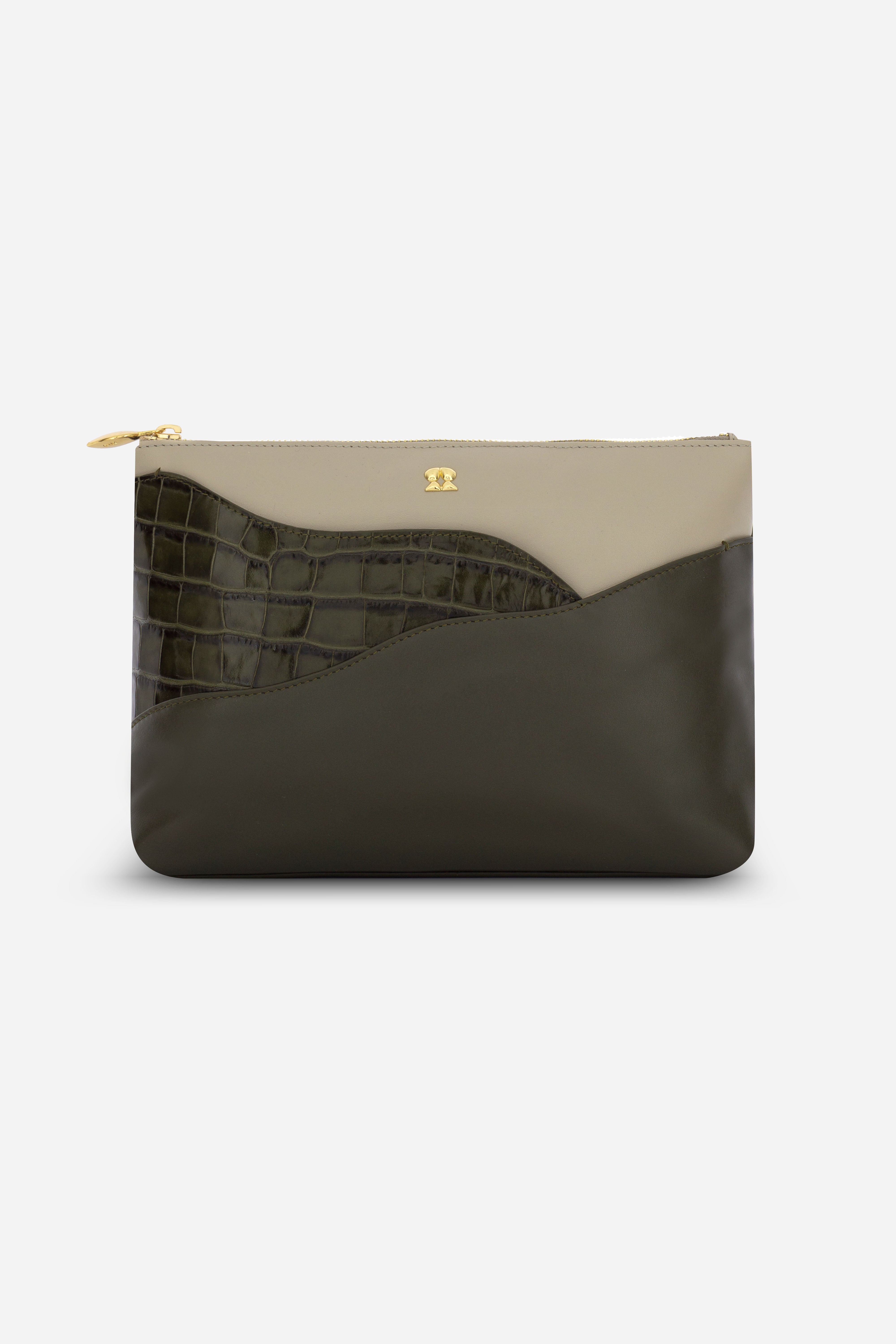 Rilu Ivy gray, dark green croco print, and olive leather fusion clutch front view
