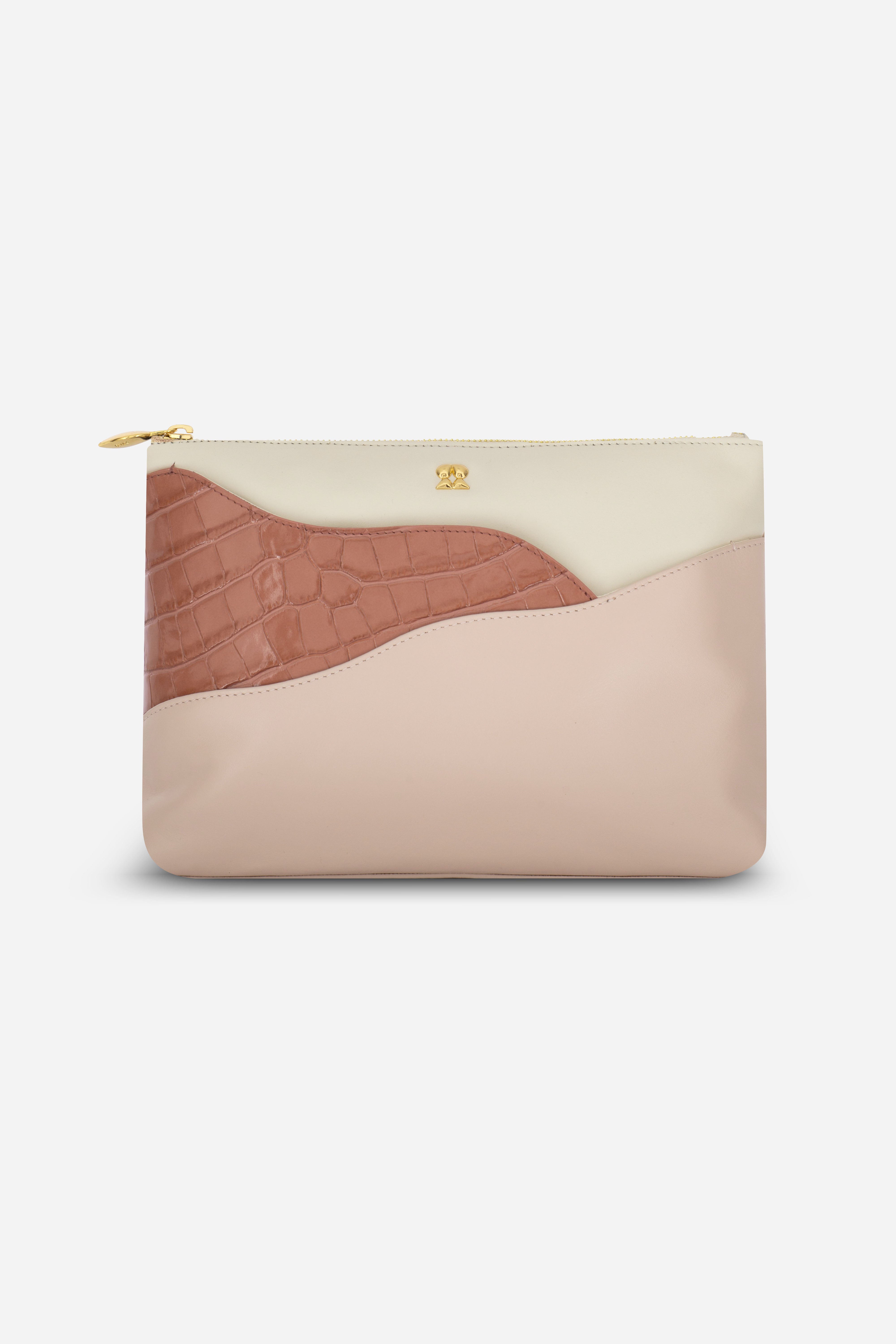 Rilu Ivy ivory and salmon croco print leather fusion clutch front view