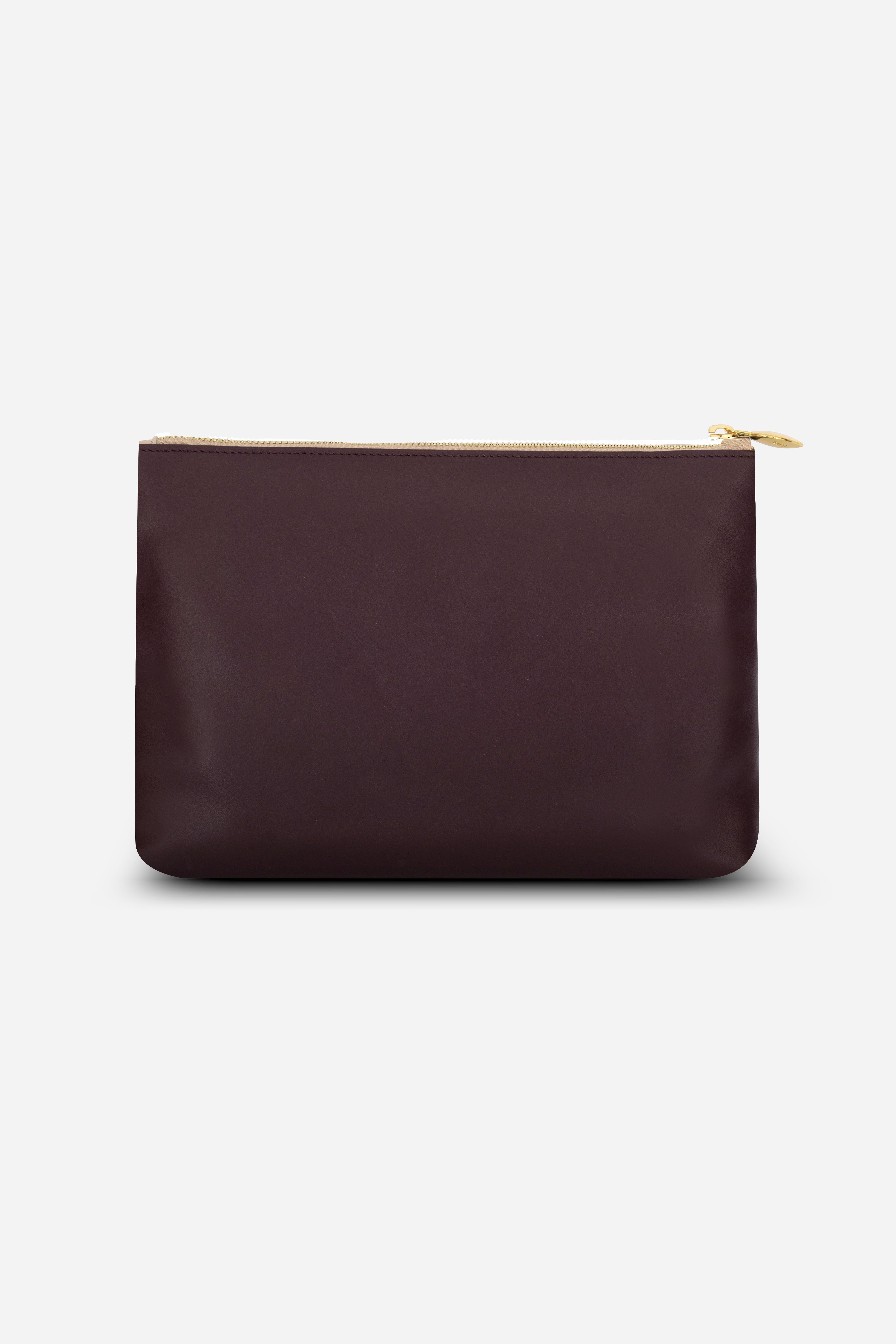 Rilu Ivy powder, cherry, and burgundy leather clutch back view