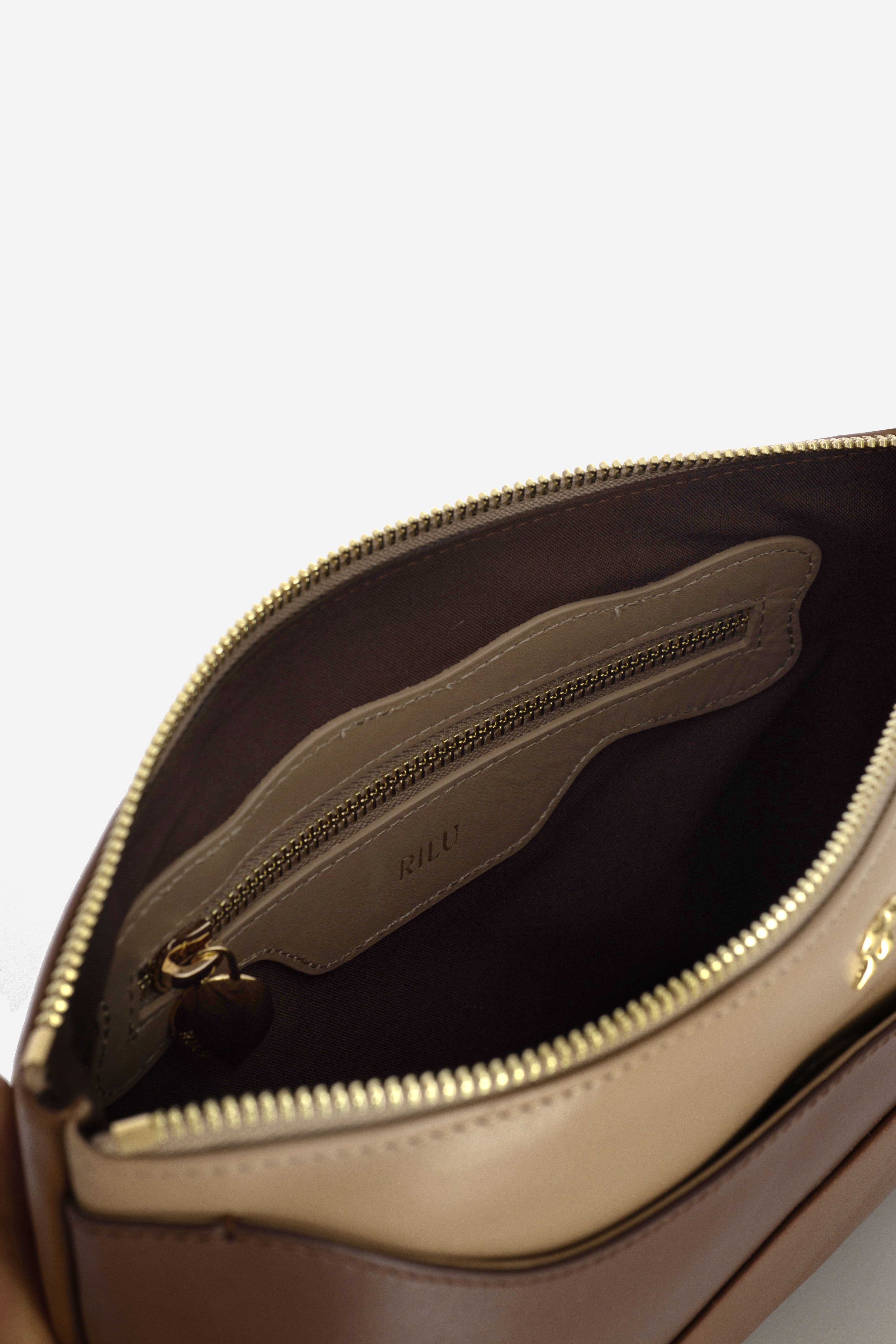 Rilu Ivy leather clutch close-up of the tri-color leather fusion and texture