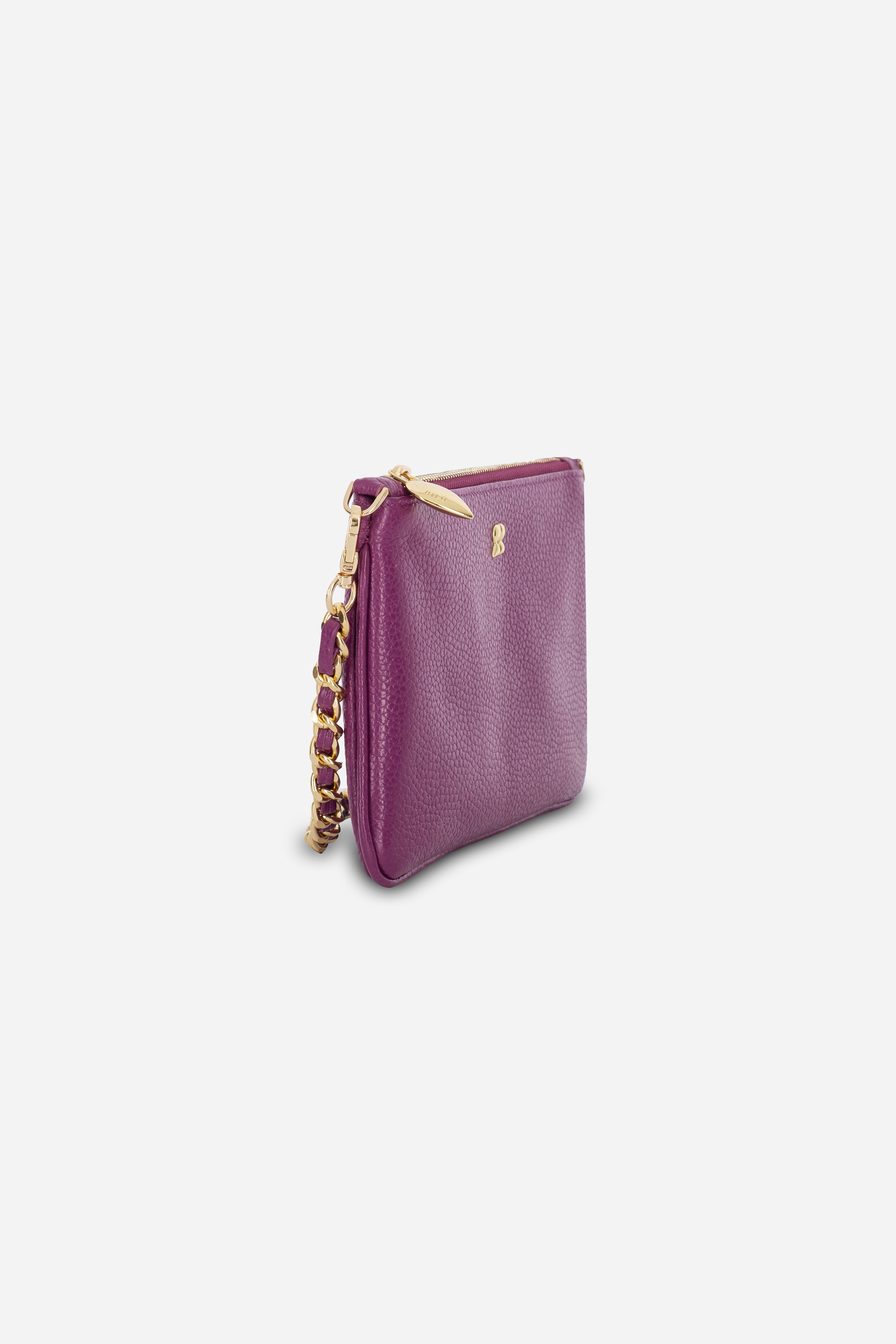 Rilu Kaia dark berry clutch side view showing chain-and-leather handle