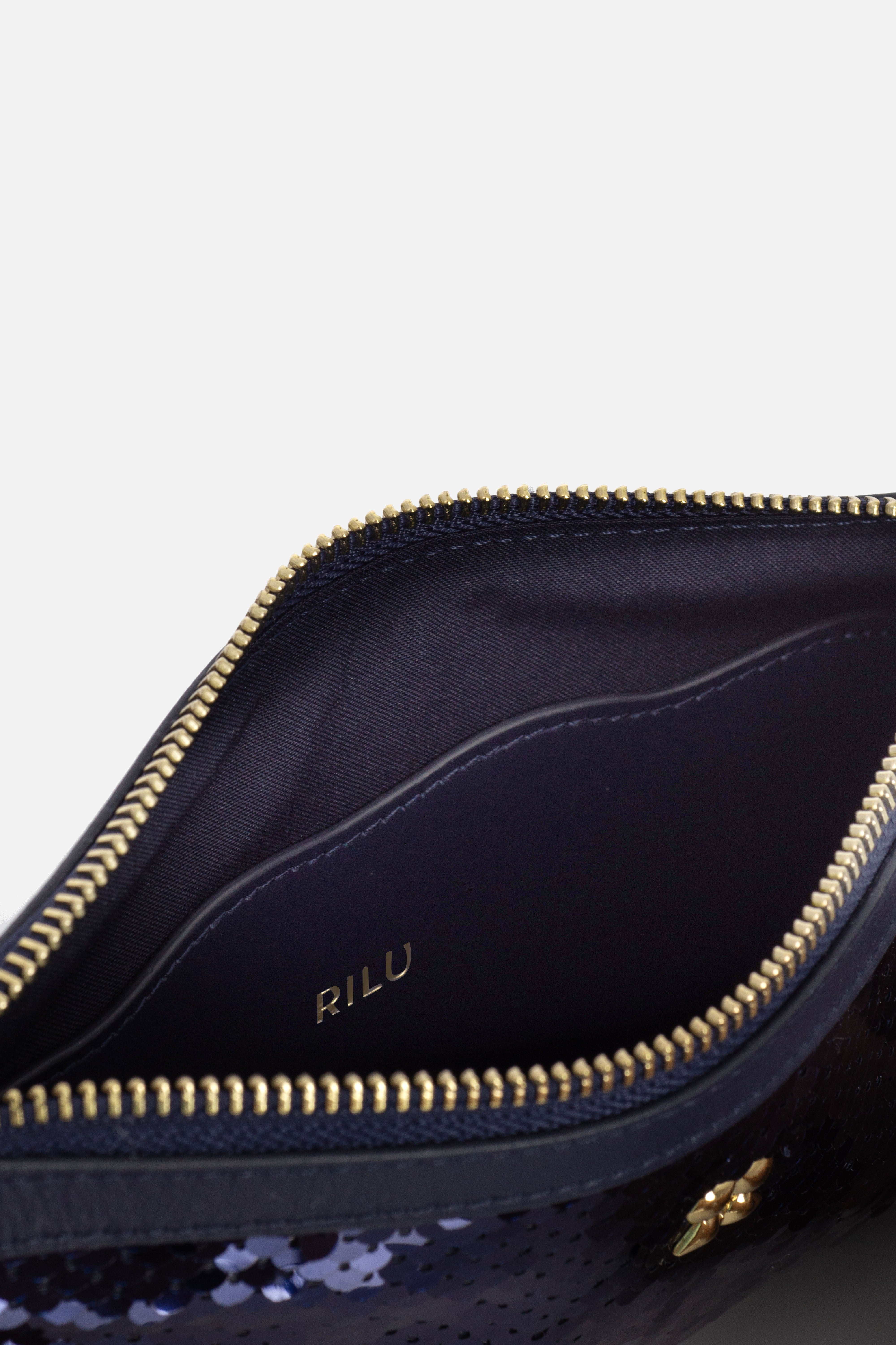 Rilu Kaia navy clutch close-up of sequin material and texture