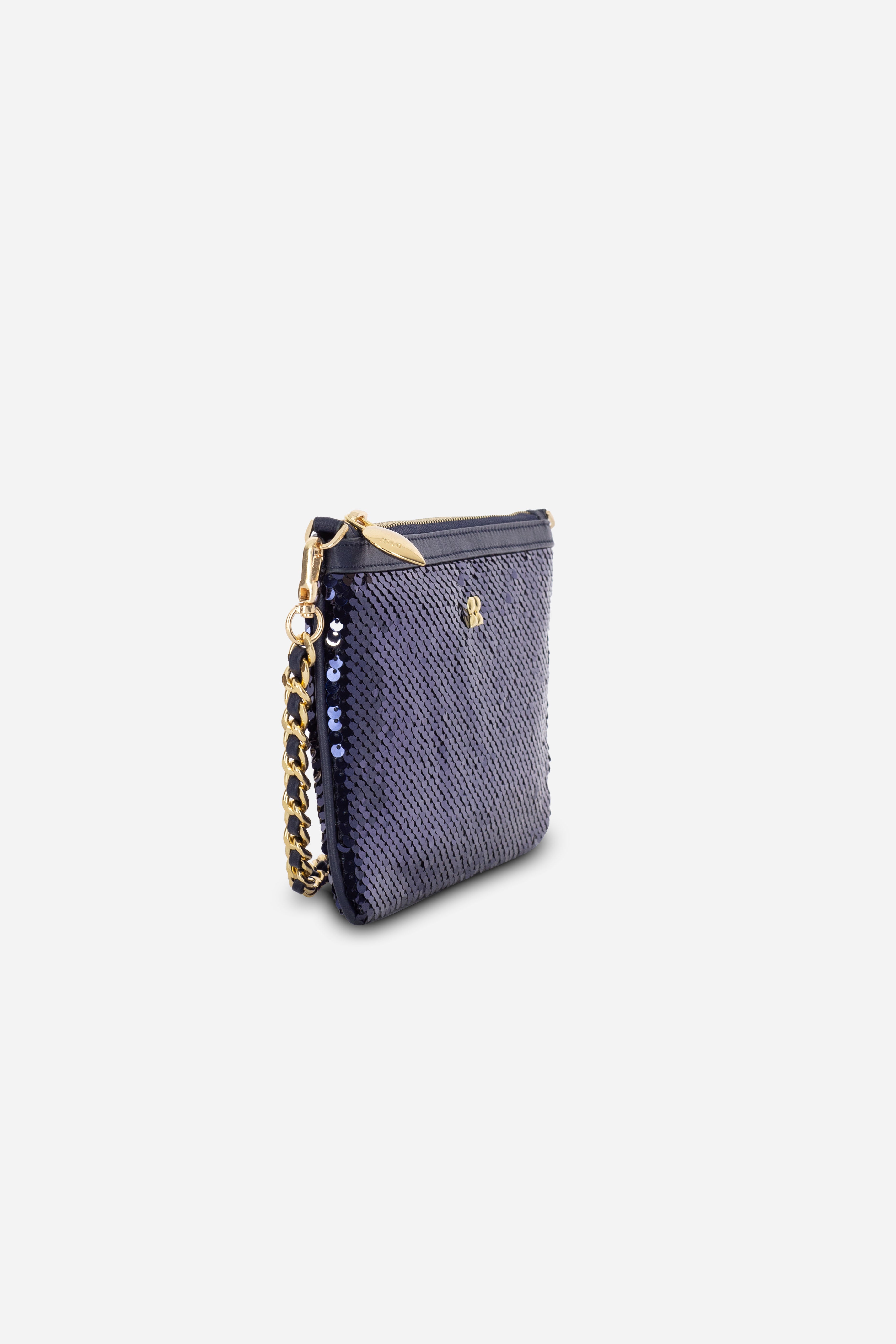 Rilu Kaia navy sequin clutch side view showing chain handle