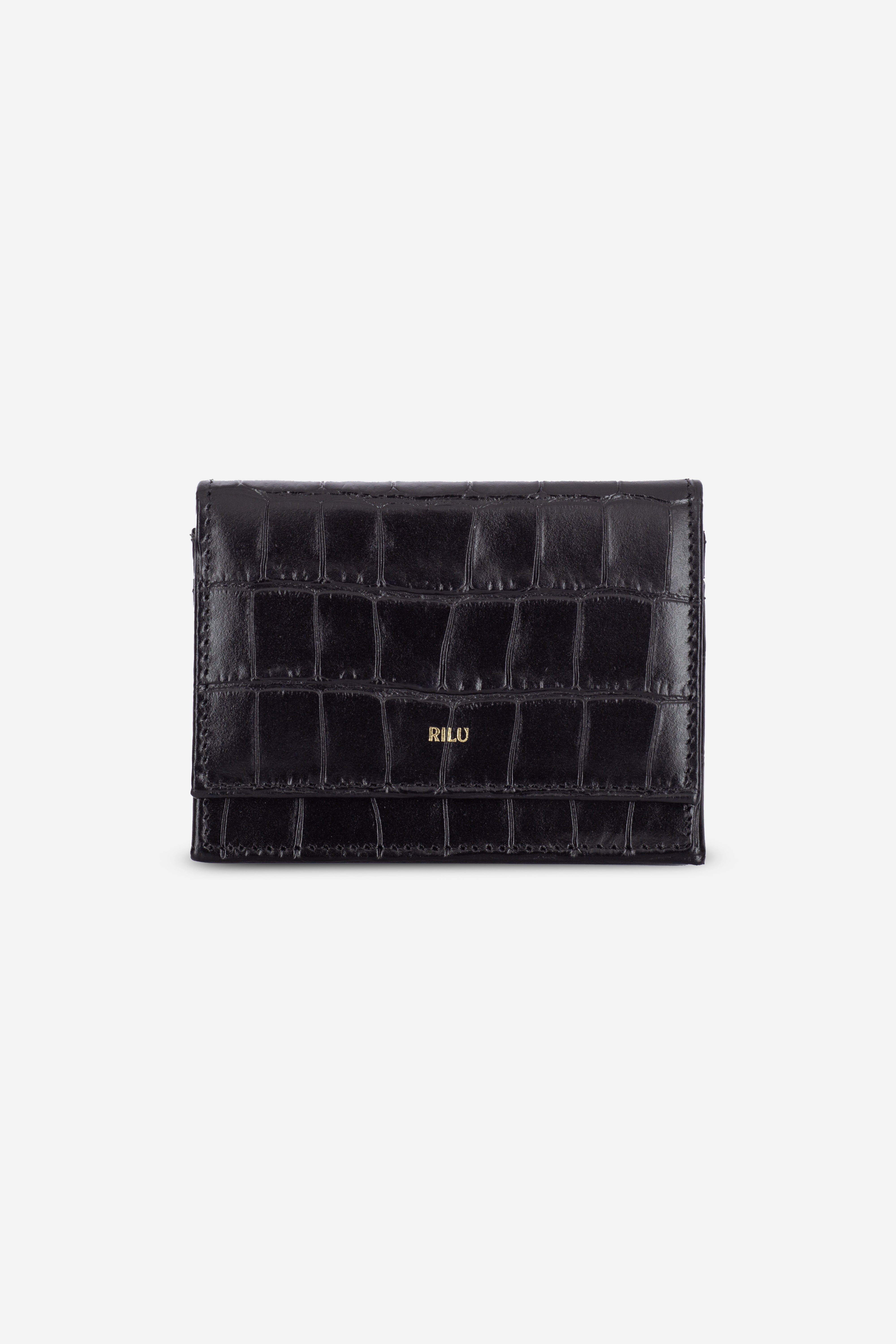 Rilu Lily black matte croco print chain micro bag front view