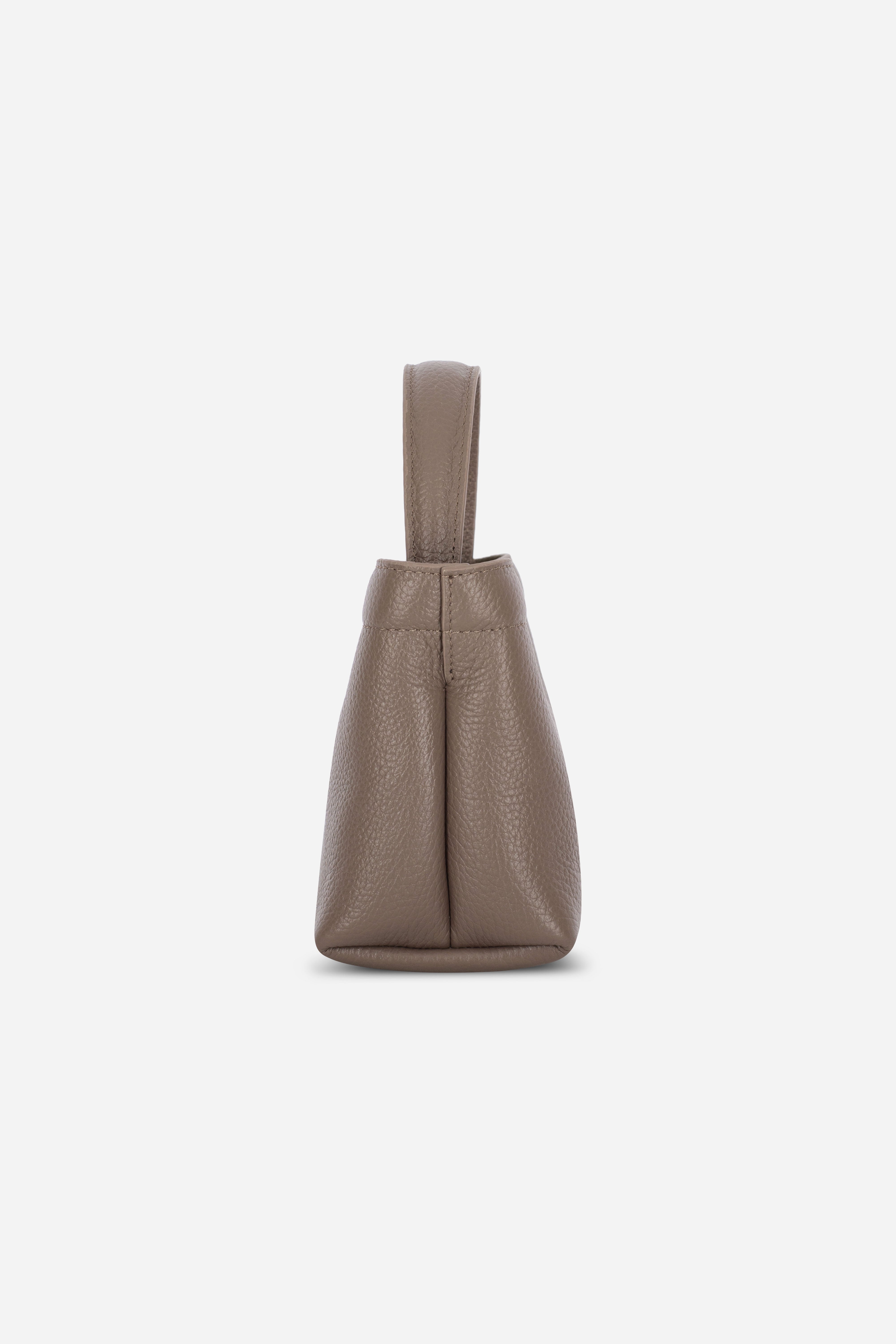 Angle view of the Rilu LouLou Studded Taupe leather crossbody bag