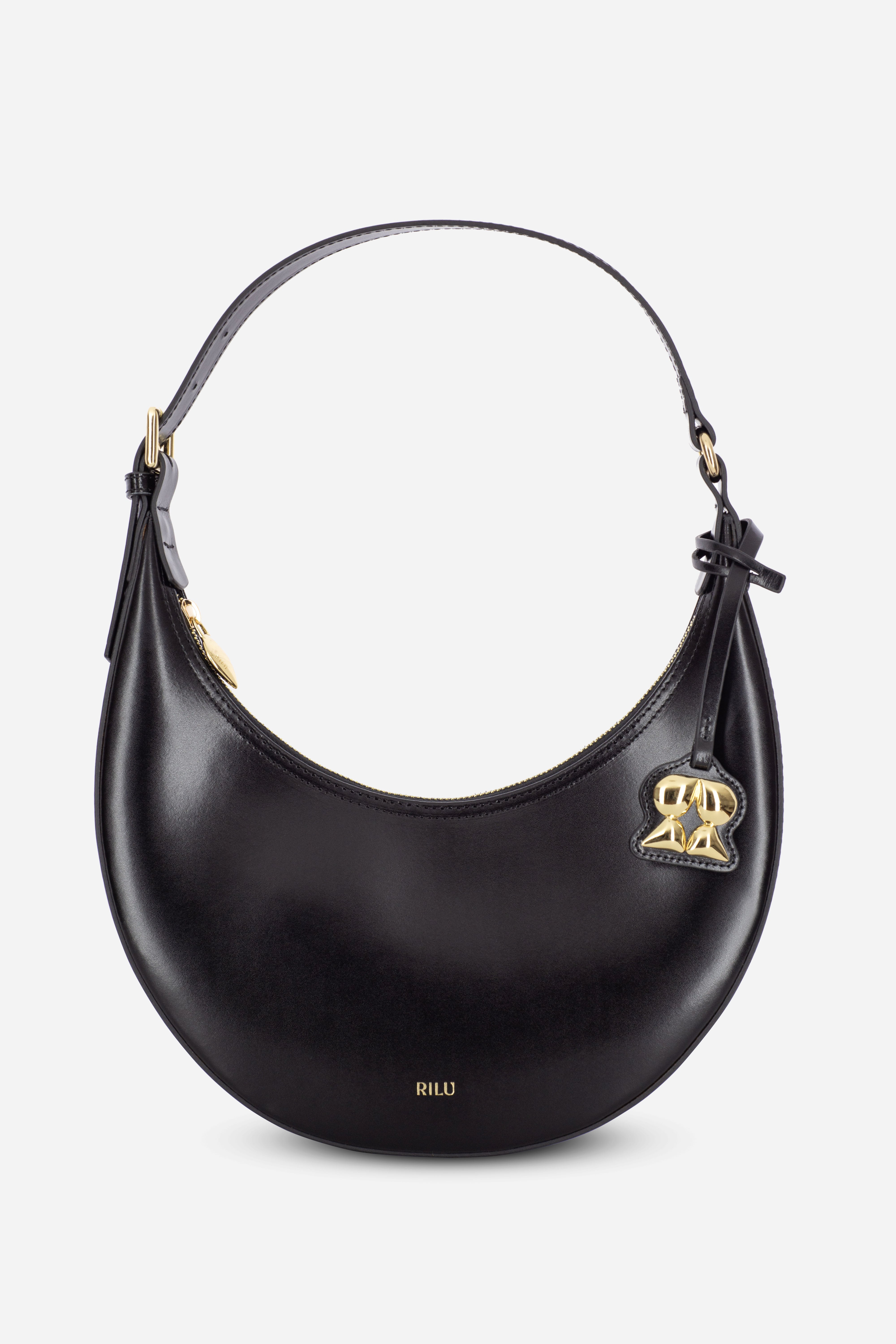 Rilu Luna black leather curved shoulder bag front view