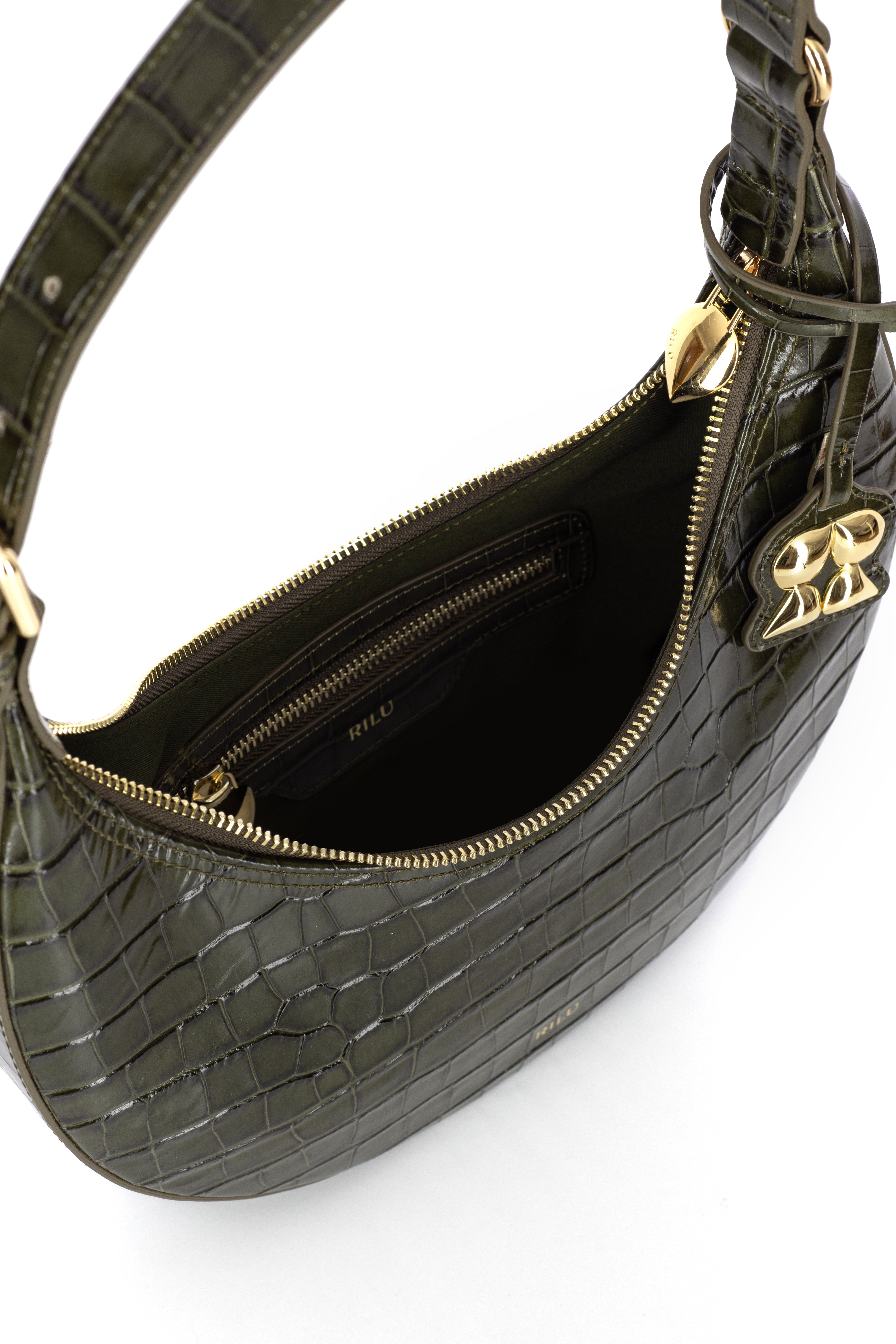 Rilu Luna dark green croco print leather shoulder bag close-up of croco texture