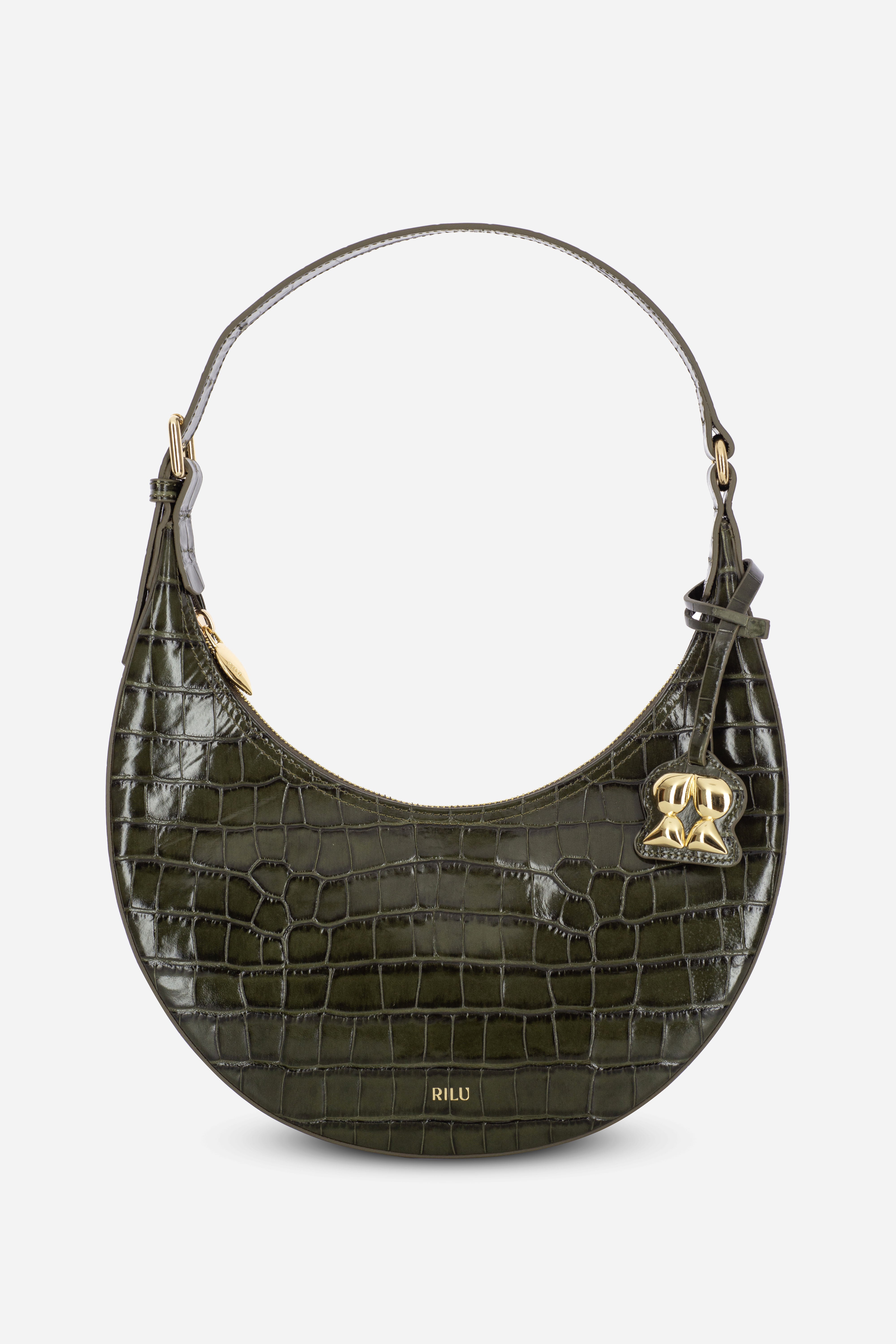 Rilu Luna dark green croco print leather curved shoulder bag front view
