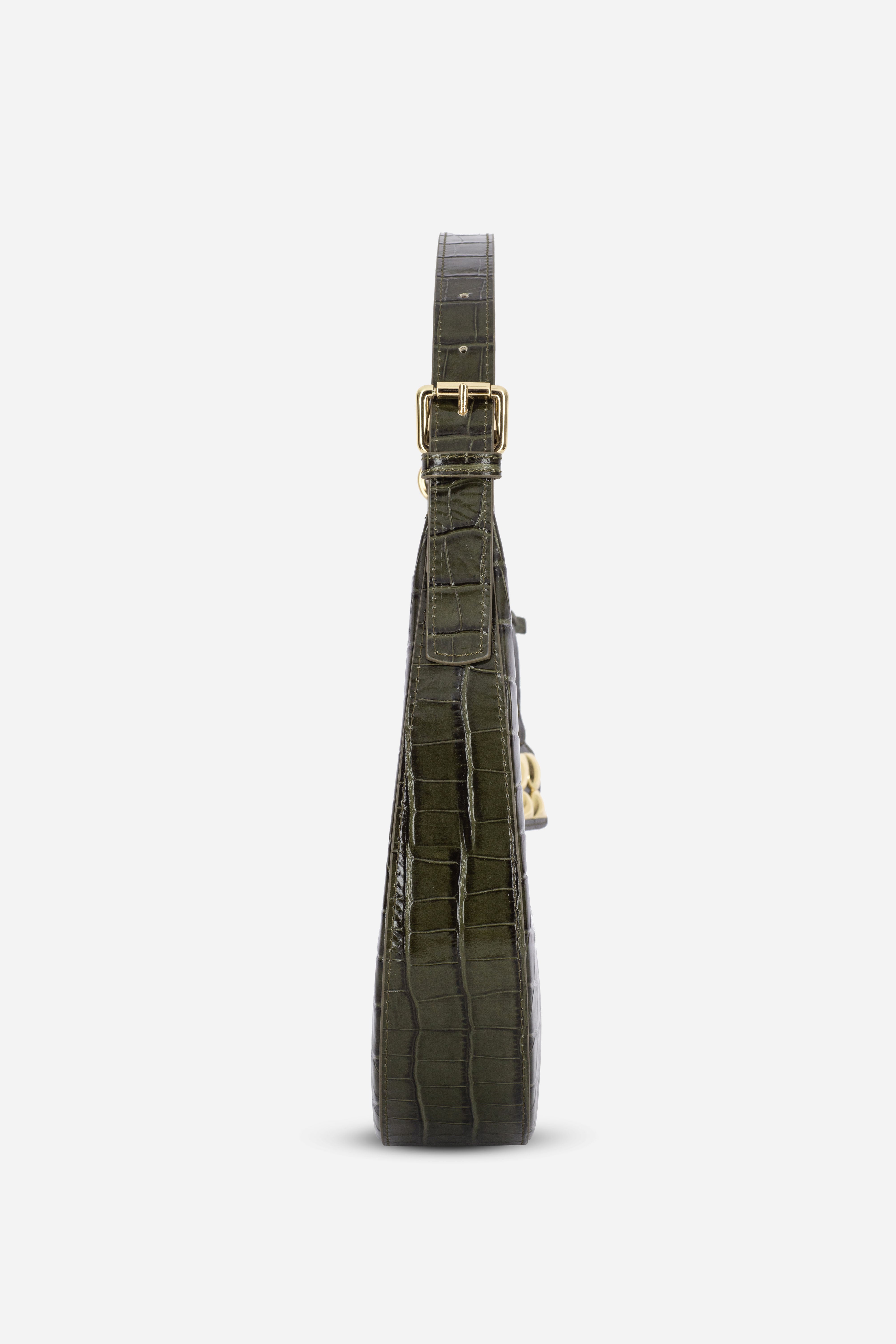 Rilu Luna dark green croco print leather shoulder bag side profile showing curve