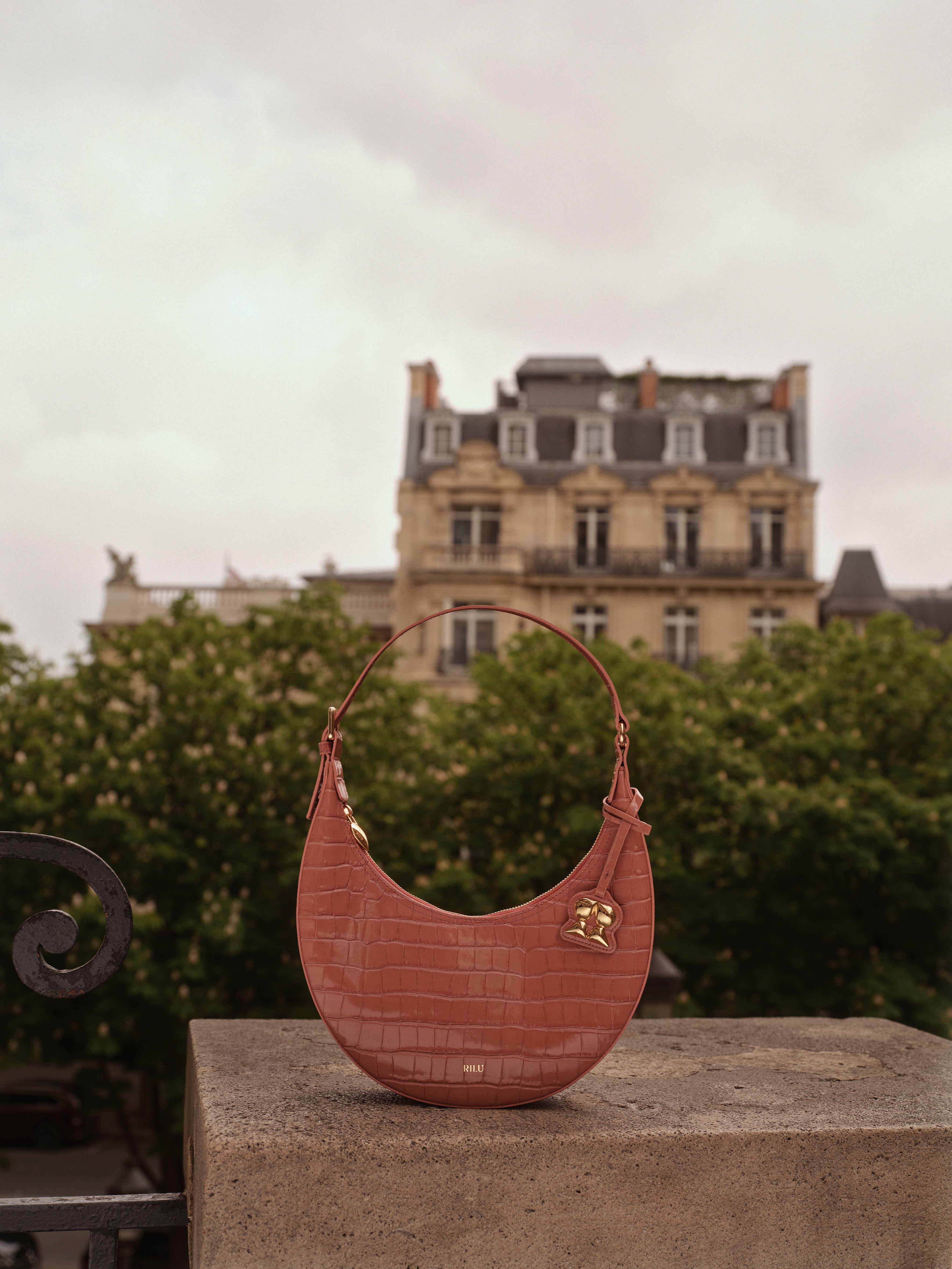 Rilu Luna salmon croc leather bag photographed in Paris
