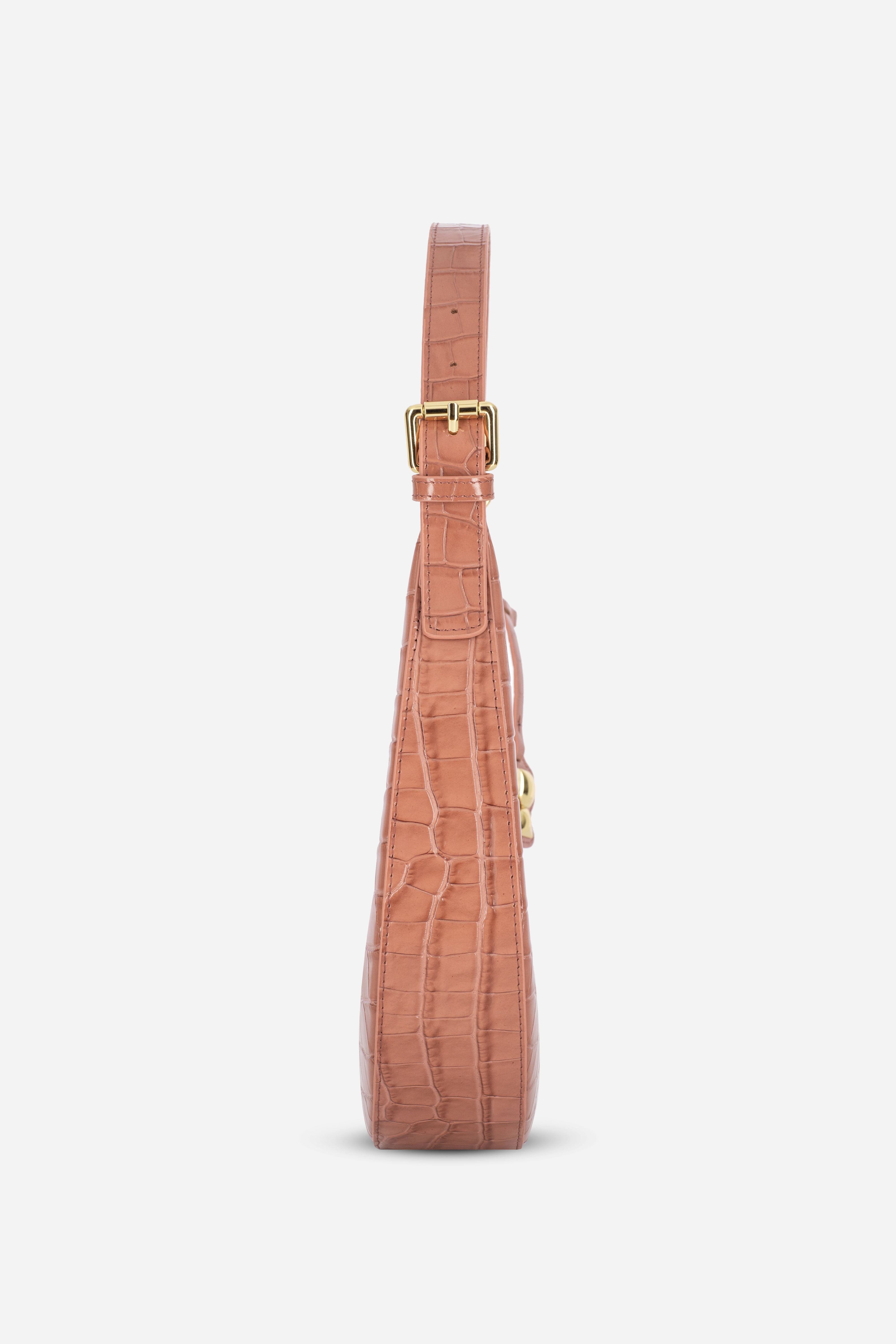 Rilu Luna salmon croco print leather shoulder bag side profile showing curve