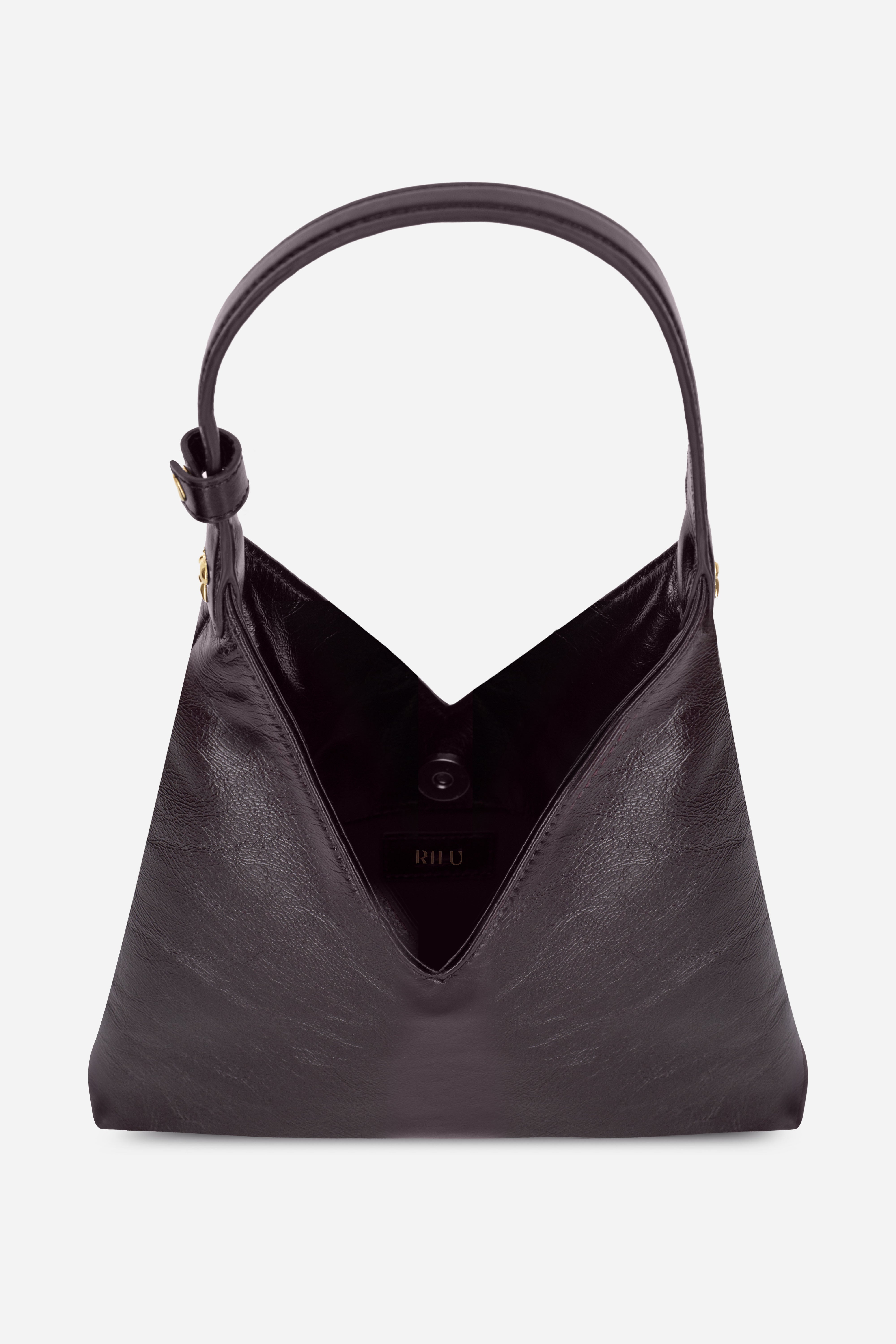 Close-up detail of the Rilu Lyra Burgundy croco leather texture and hardware